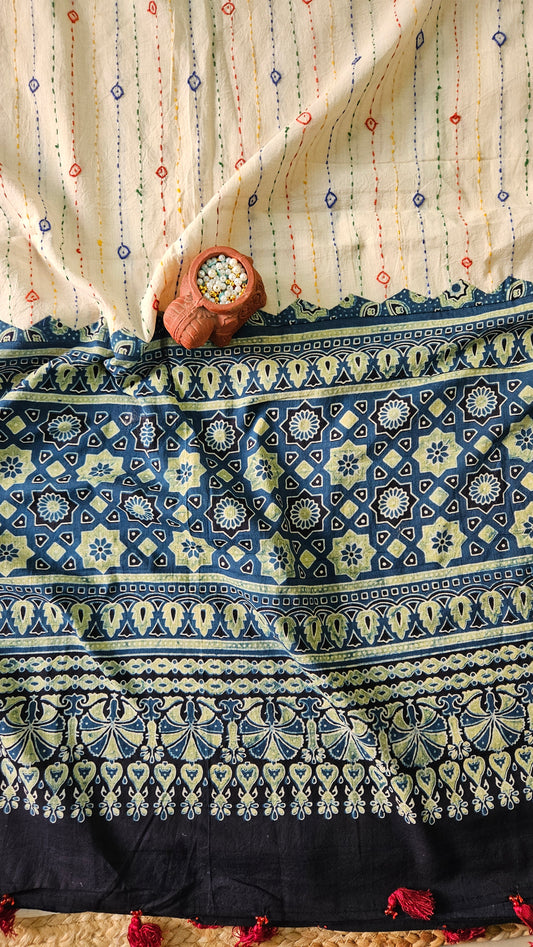 Blue’n’offwhite ajrakh print cotton kurta dupatta set