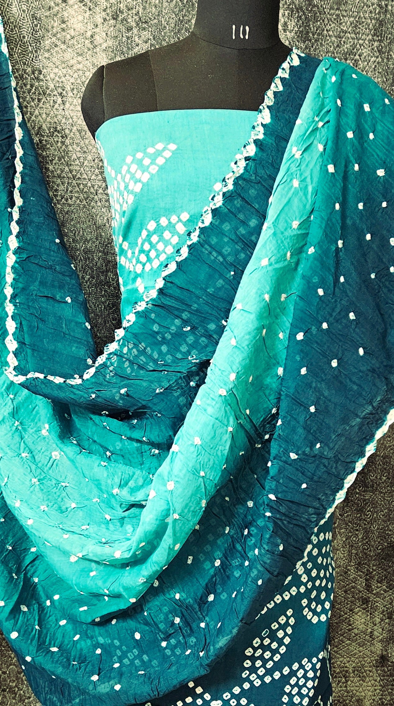 Teal green bandhani cotton suit with mul cotton dupatta