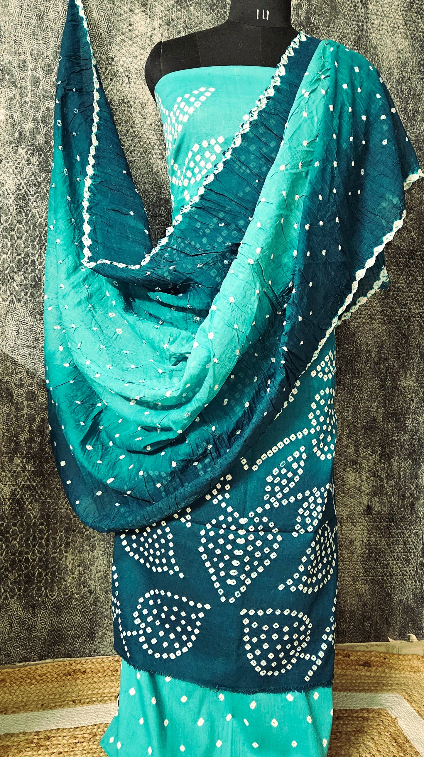 Teal green bandhani cotton suit with mul cotton dupatta
