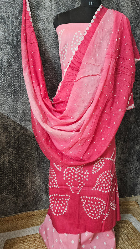 Pink bandhani cotton suit with mul cotton dupatta