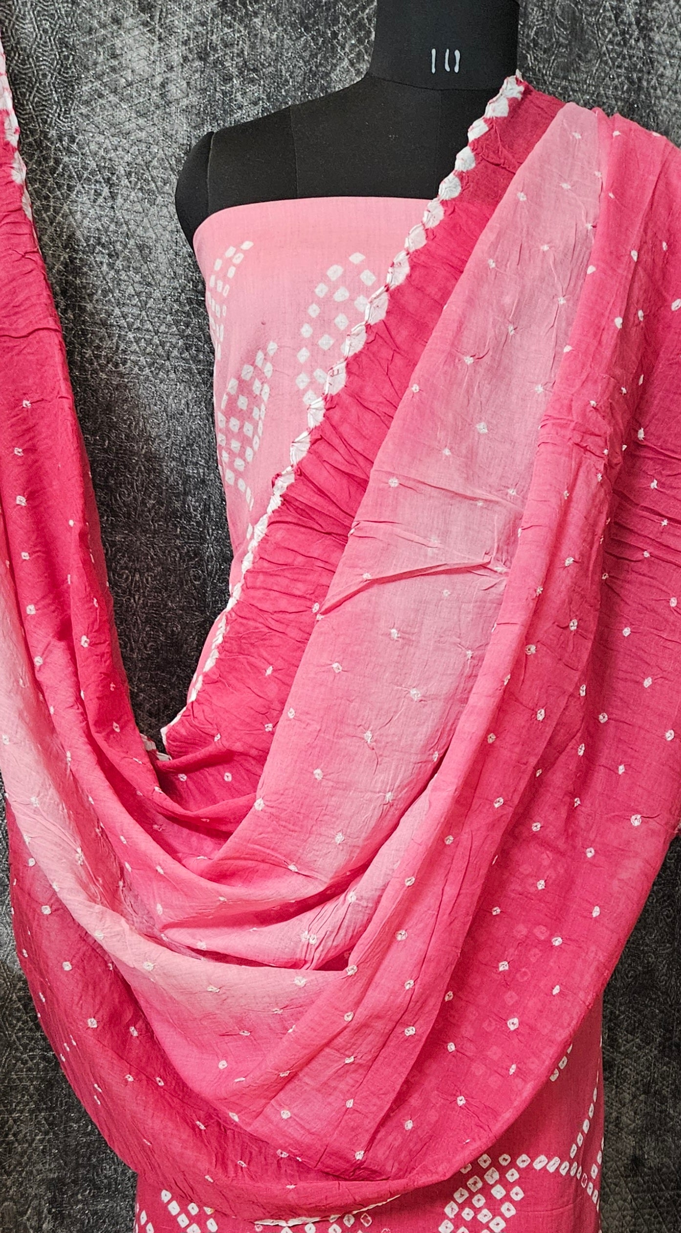 Pink bandhani cotton suit with mul cotton dupatta