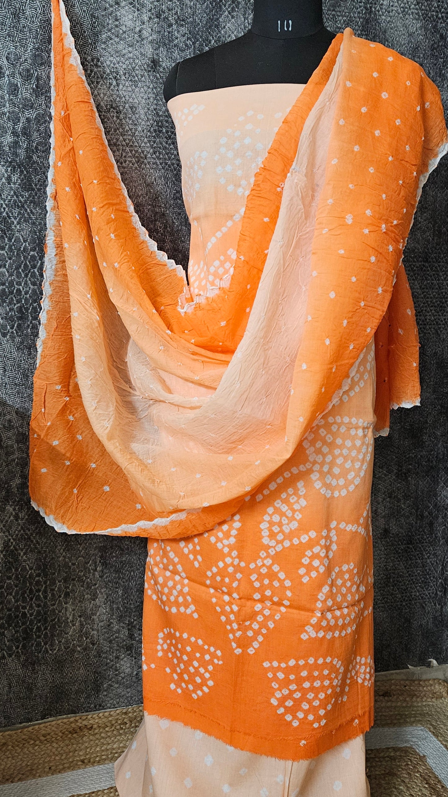 Orange bandhani cotton suit with mul cotton dupatta