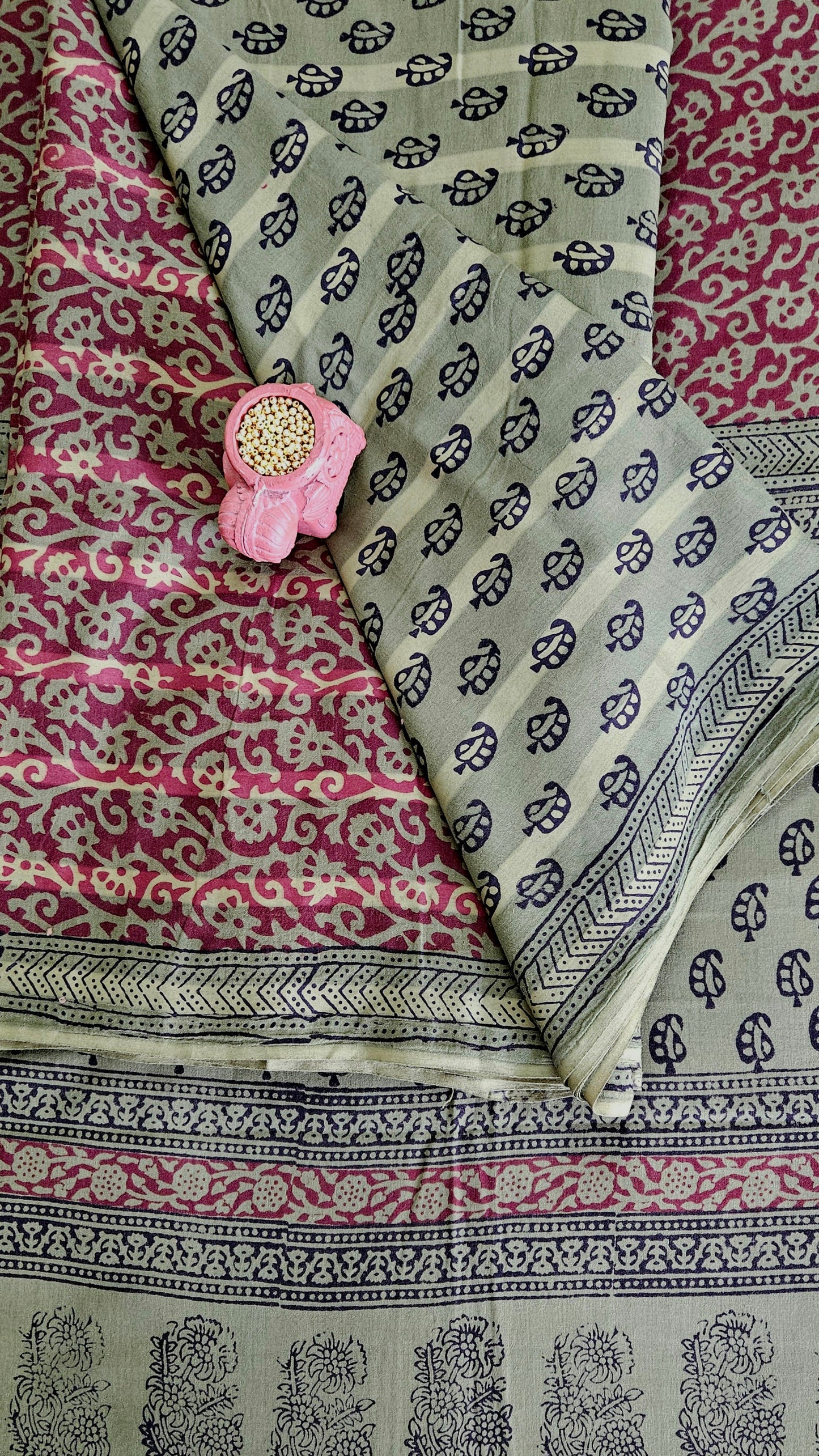 Olive green’n’maroon bagh print cotton suit material