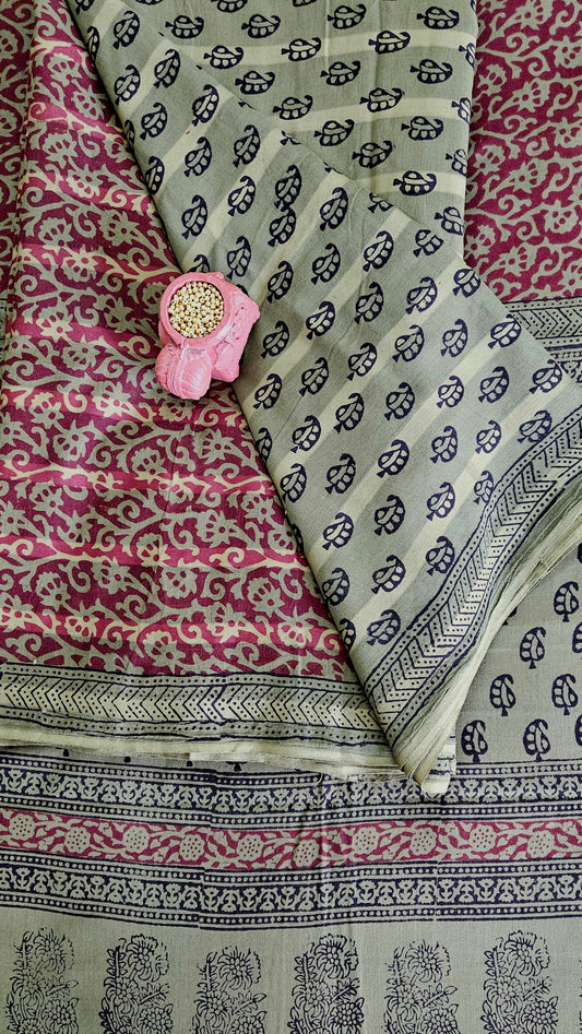 Olive green’n’maroon bagh print cotton suit material