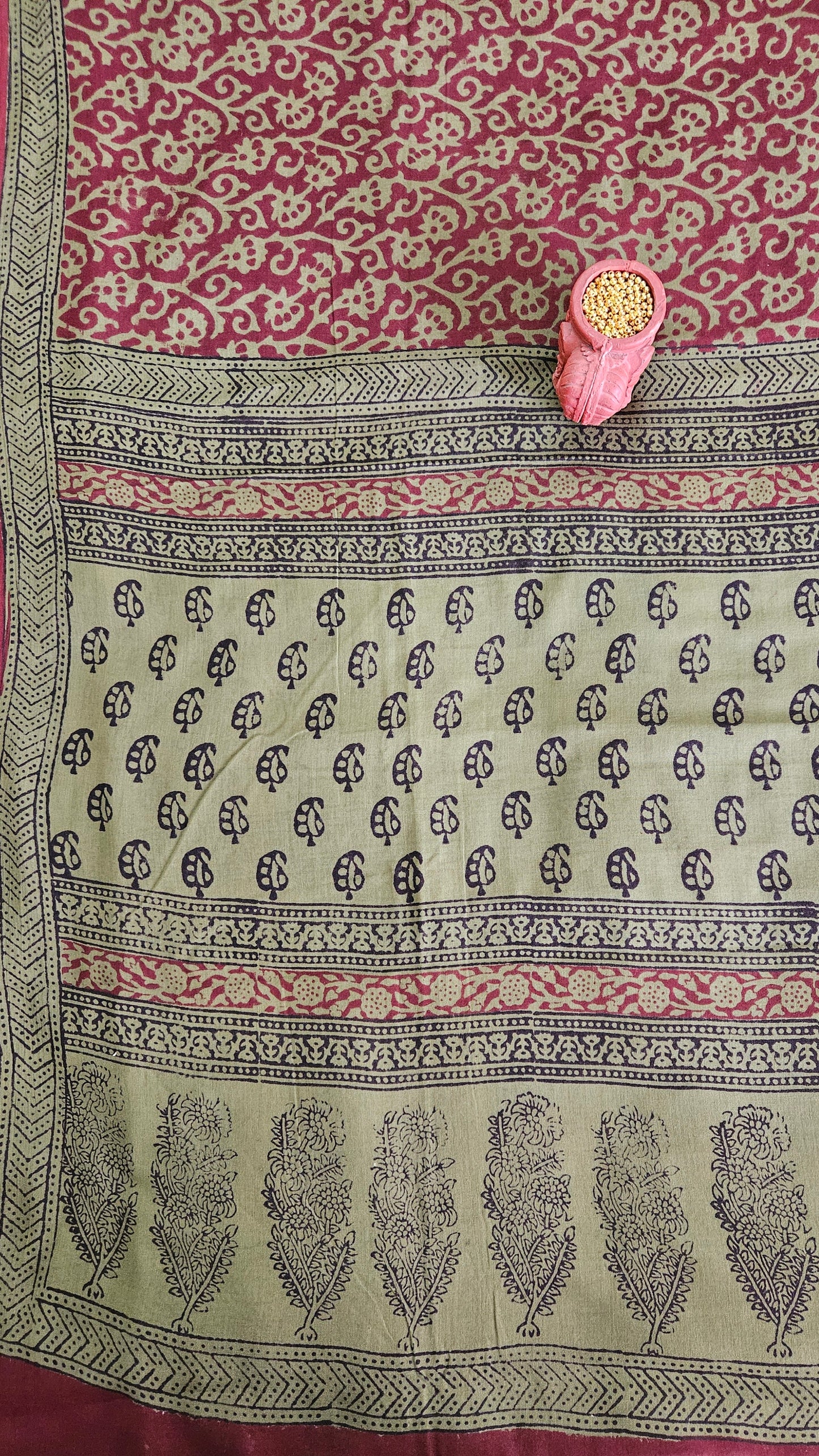 Olive green’n’maroon bagh print cotton suit material