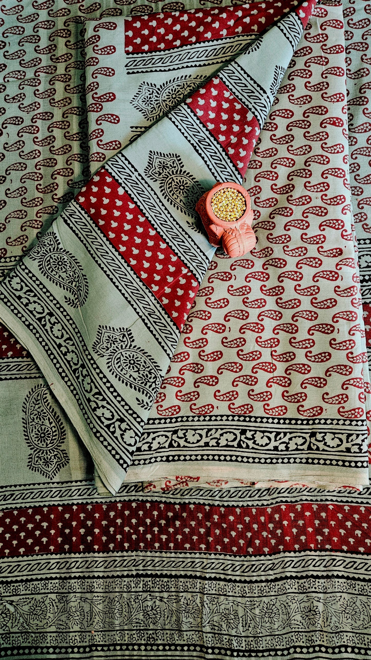 Deep brown’n’sage green bagh print cotton suit material