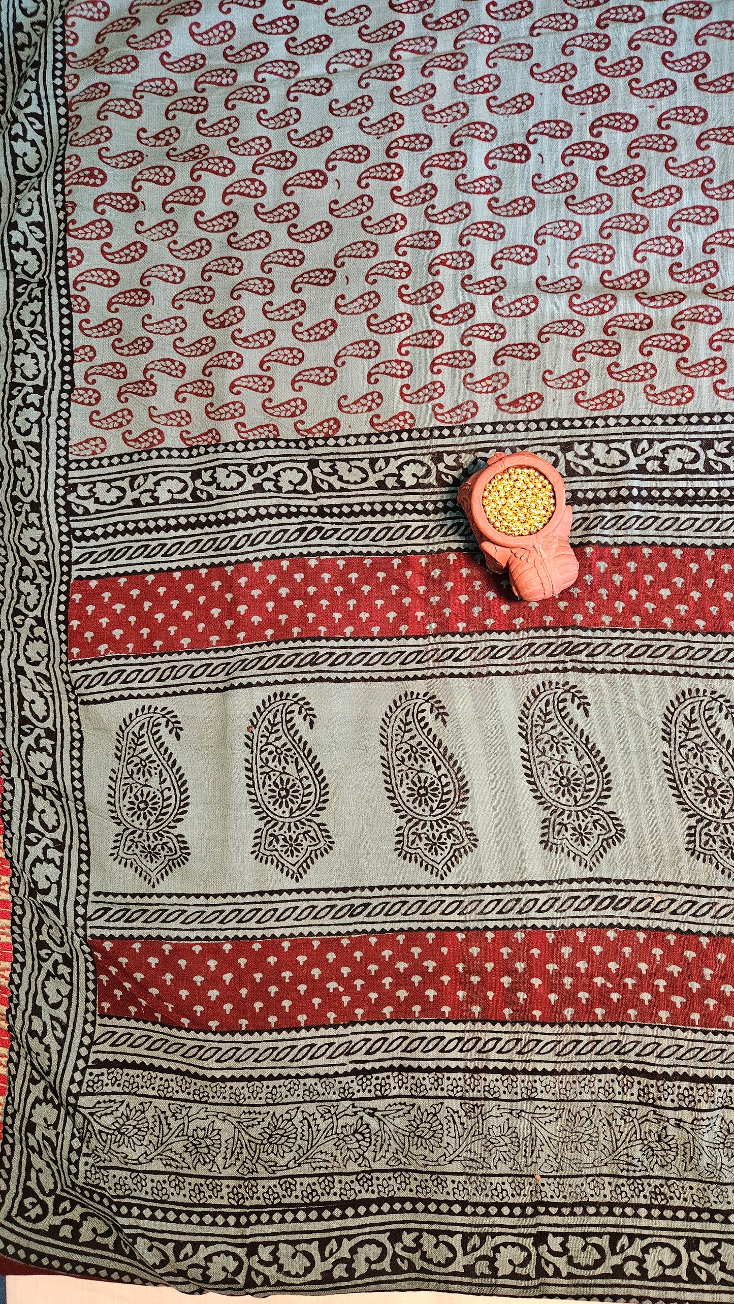 Deep brown’n’sage green bagh print cotton suit material