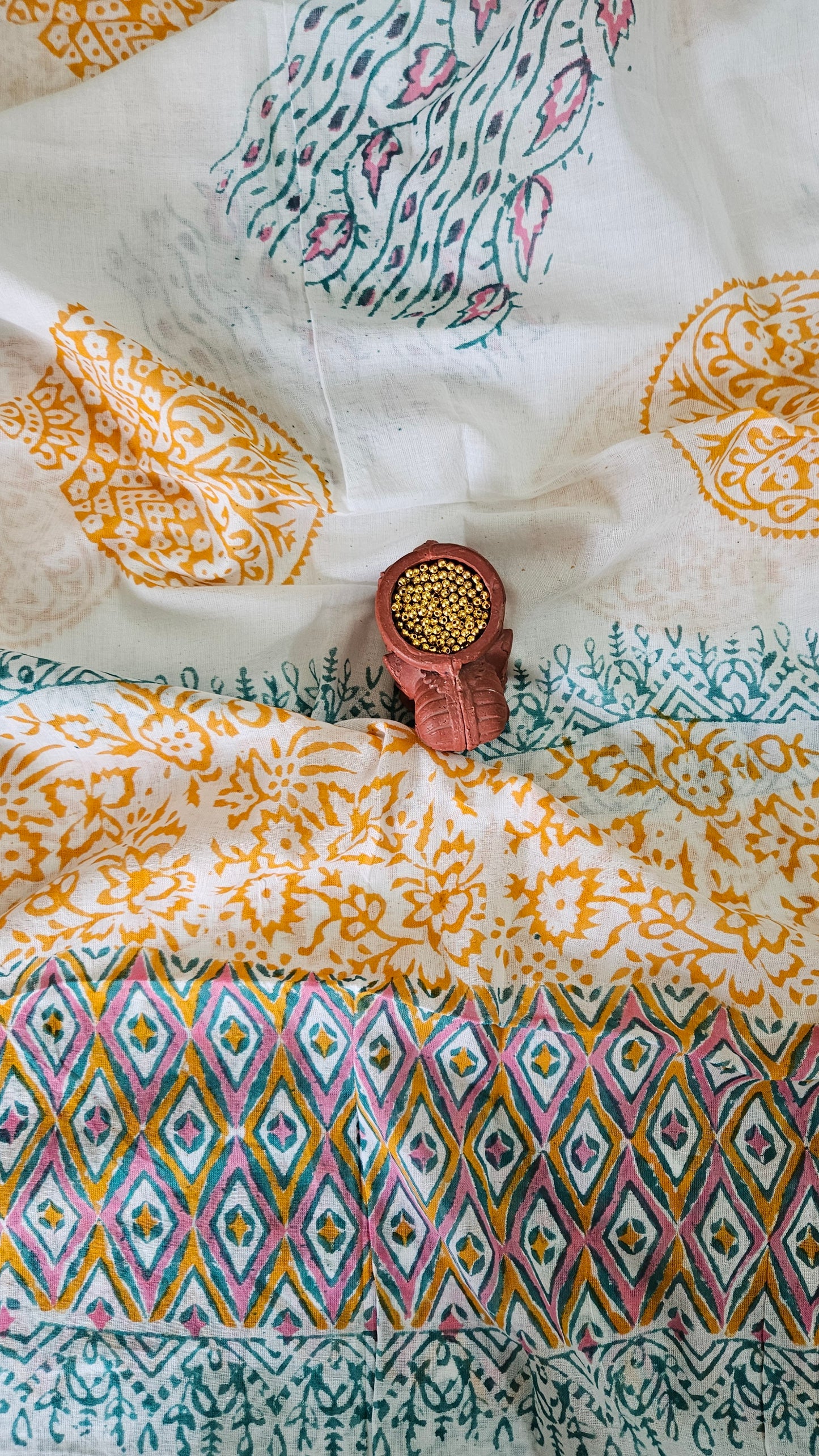 Mustard’n’green front panel Baroda print cotton suit