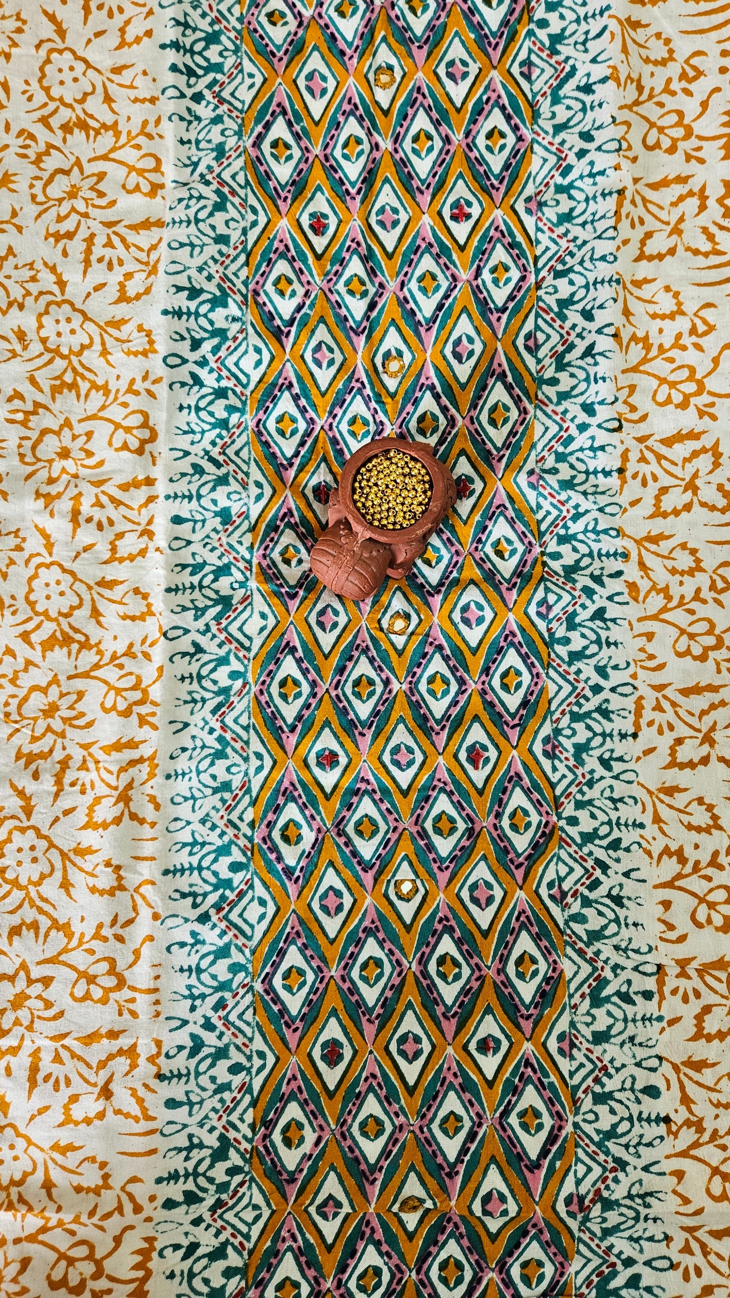 Mustard’n’green front panel Baroda print cotton suit