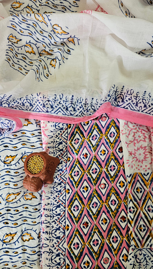 Blue’n’pink front panel Baroda print cotton suit