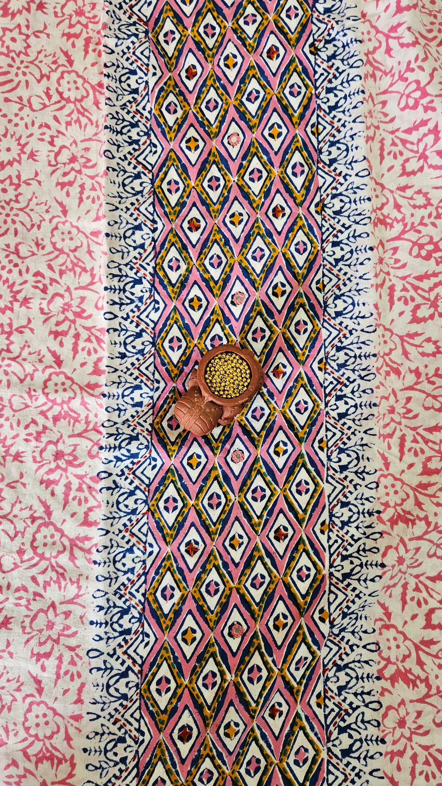 Blue’n’pink front panel Baroda print cotton suit
