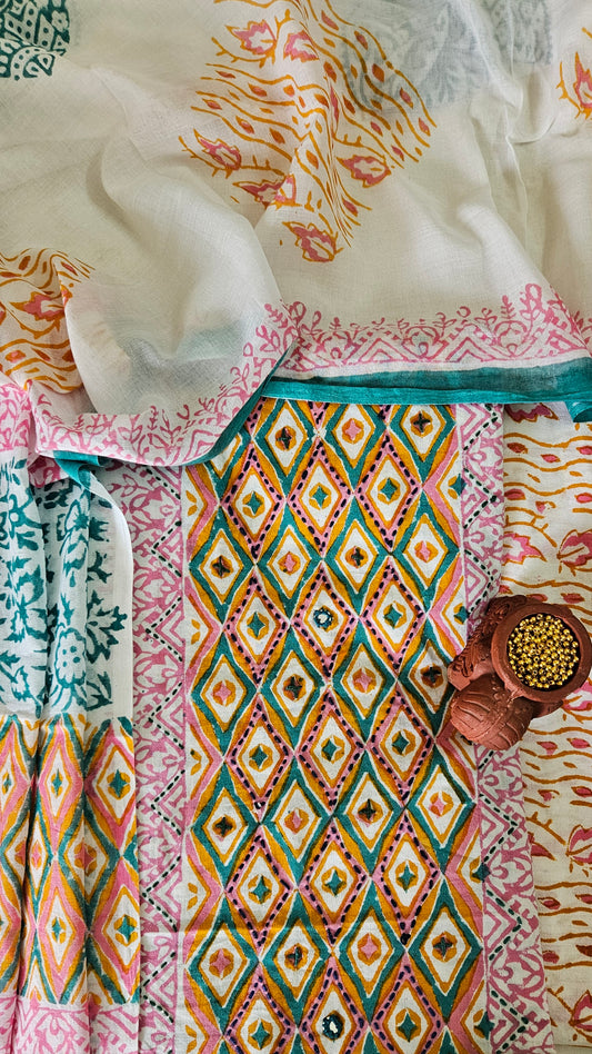 Pink’n’green front panel Baroda print cotton suit