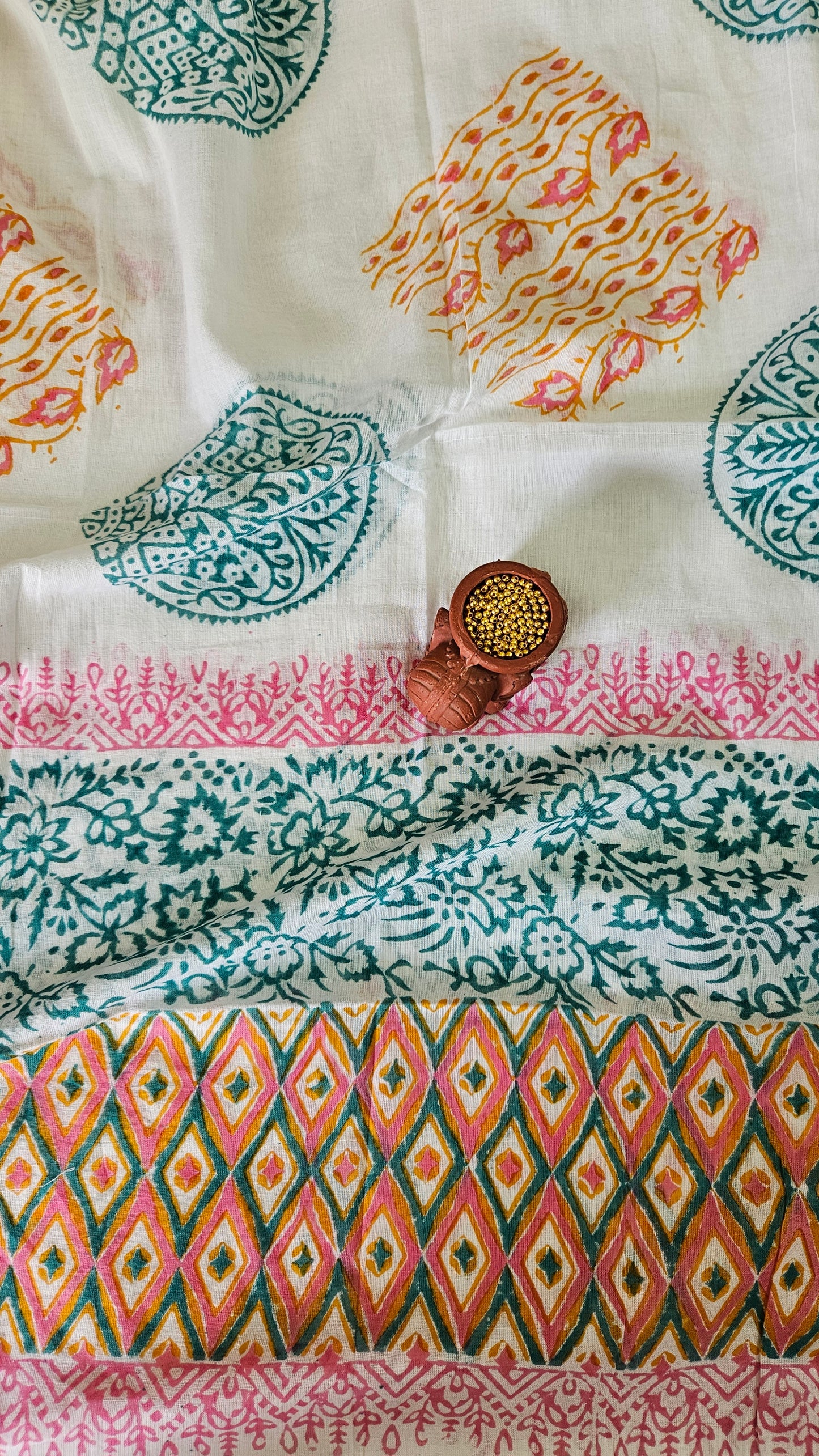 Pink’n’green front panel Baroda print cotton suit