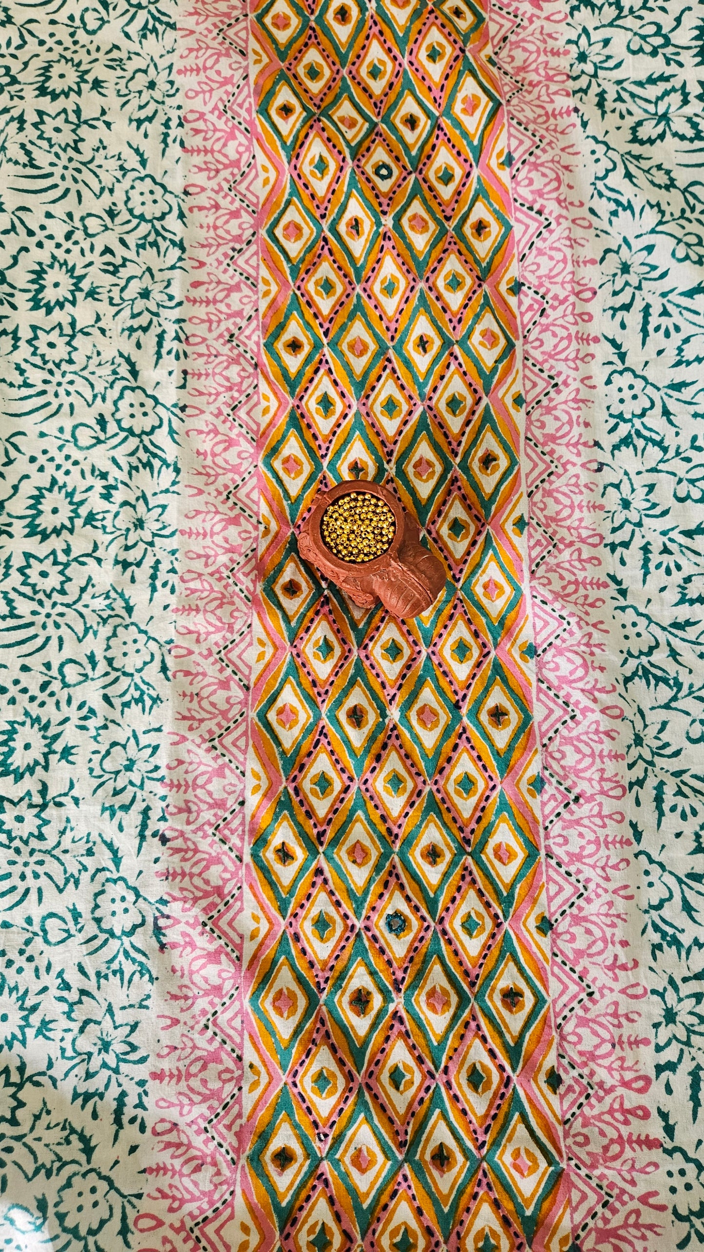 Pink’n’green front panel Baroda print cotton suit