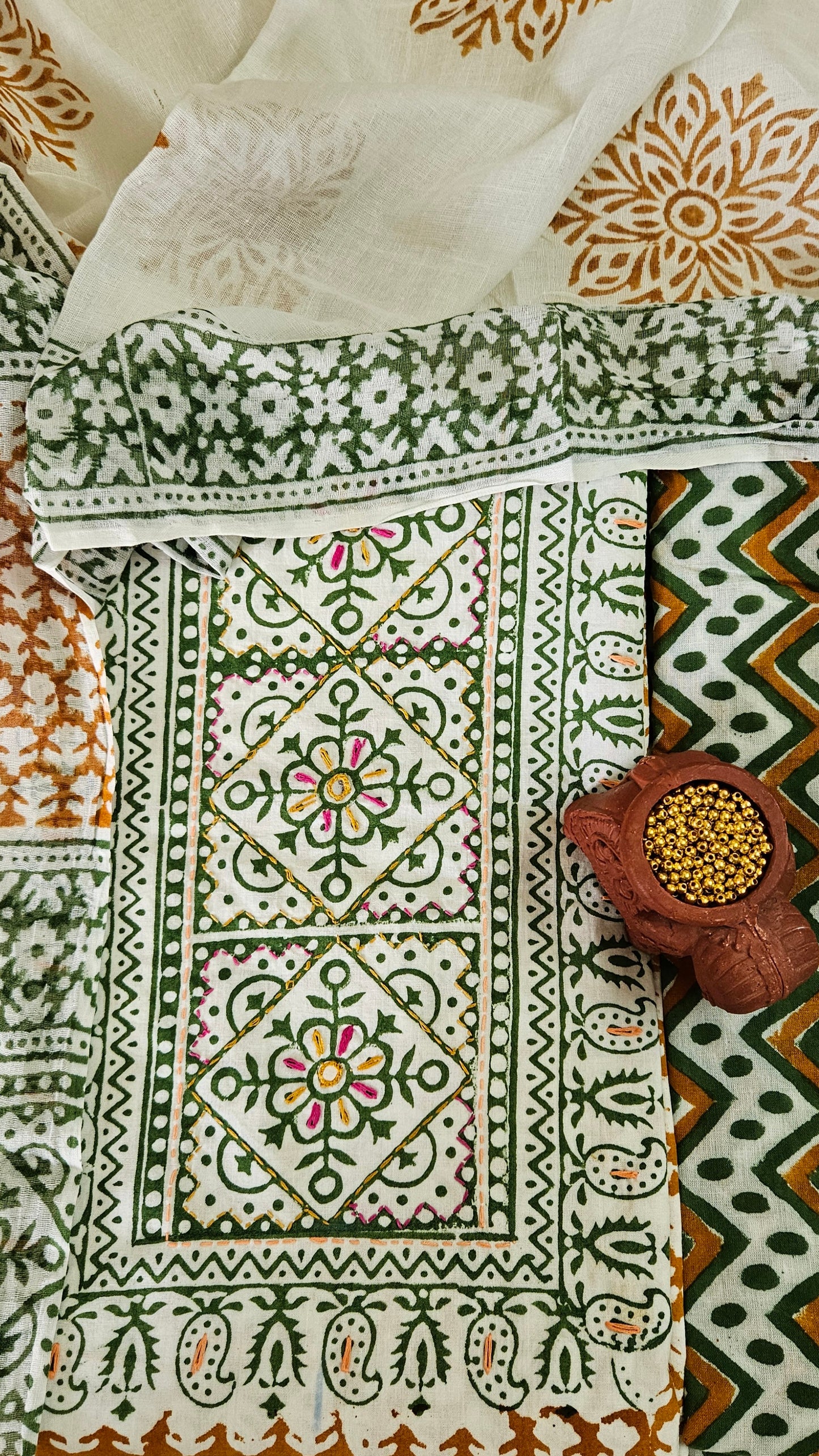Green’n’mustard yoke embroidered Baroda print cotton suit