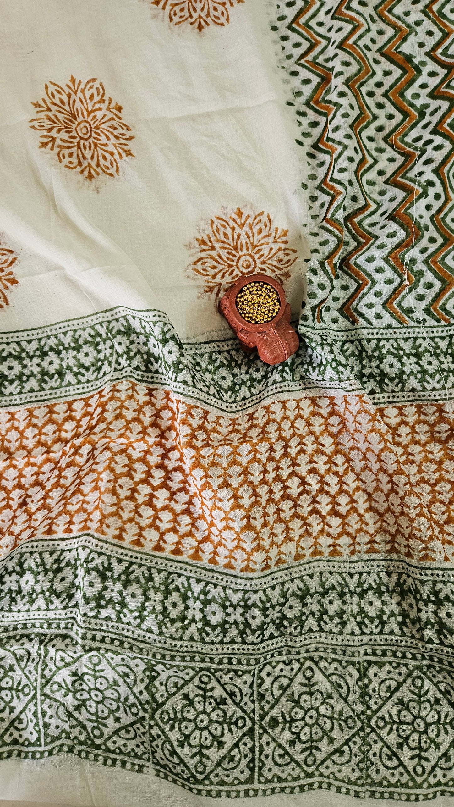 Green’n’mustard yoke embroidered Baroda print cotton suit