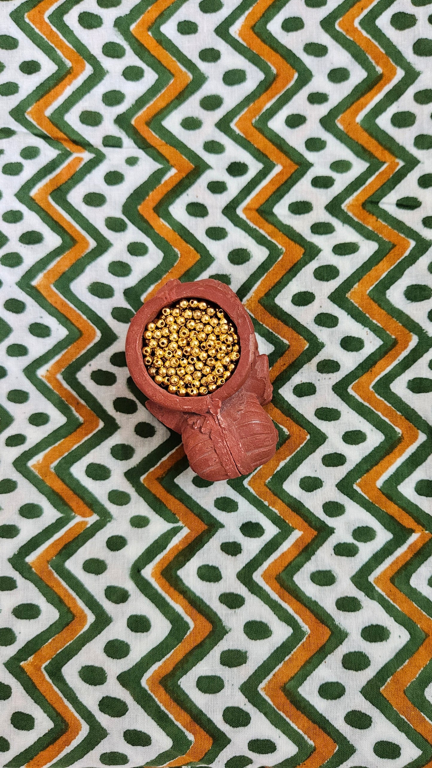 Green’n’mustard yoke embroidered Baroda print cotton suit