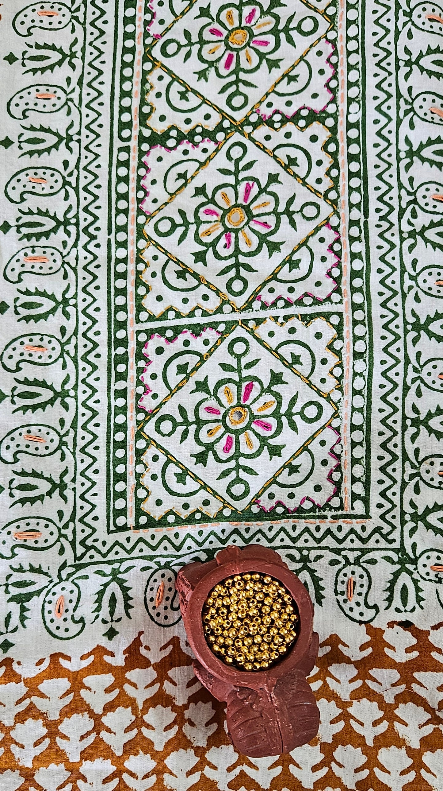 Green’n’mustard yoke embroidered Baroda print cotton suit