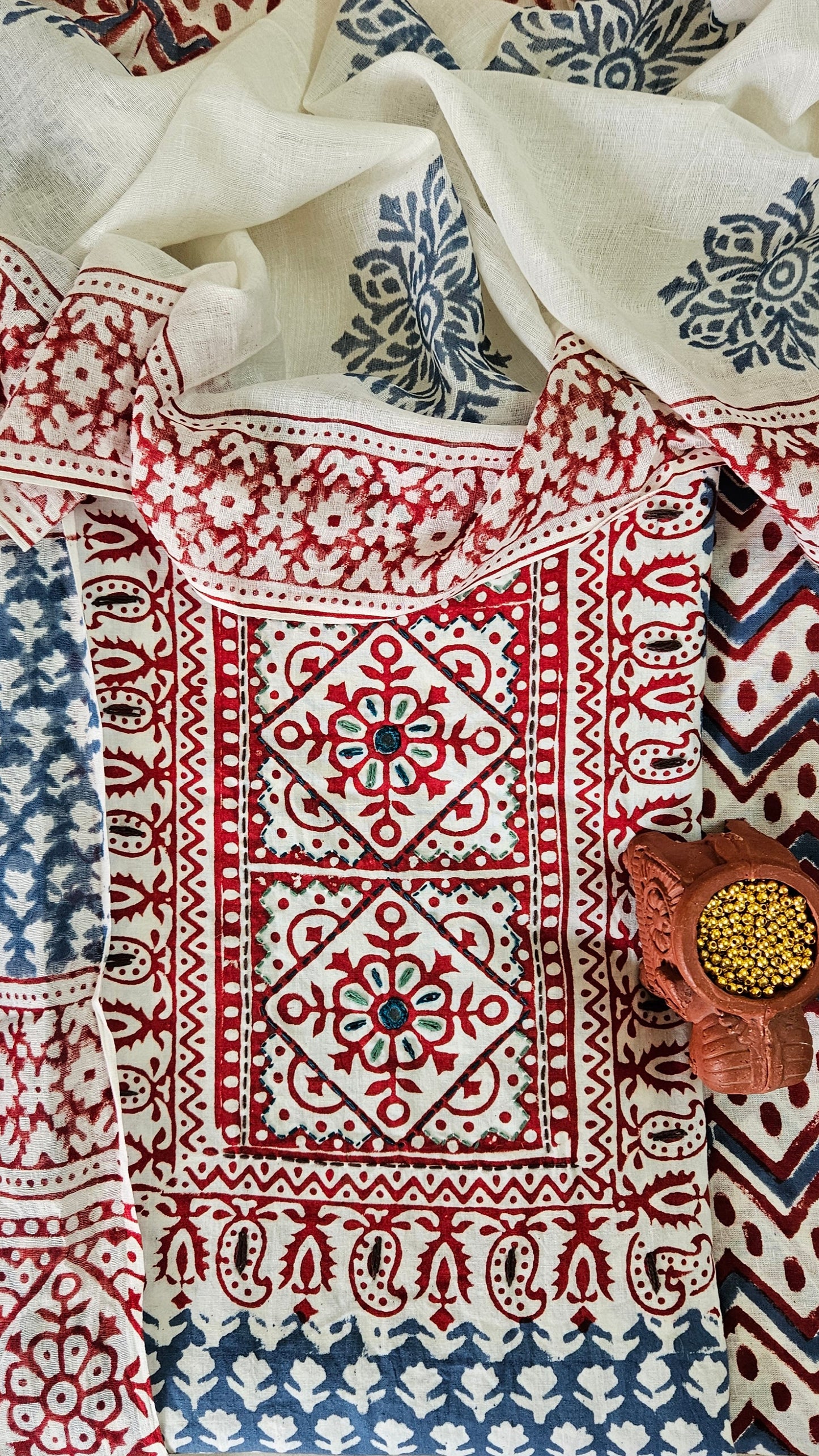 Red’n’Grey yoke embroidered Baroda print cotton suit