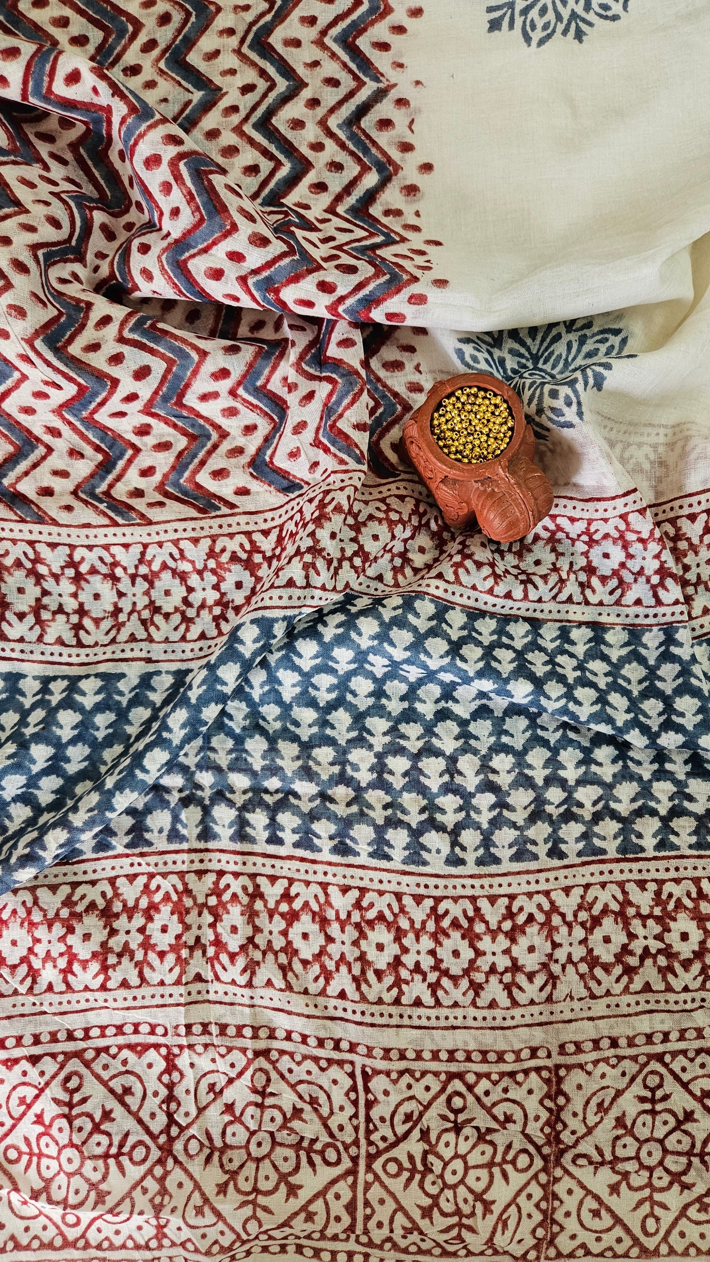 Red’n’Grey yoke embroidered Baroda print cotton suit