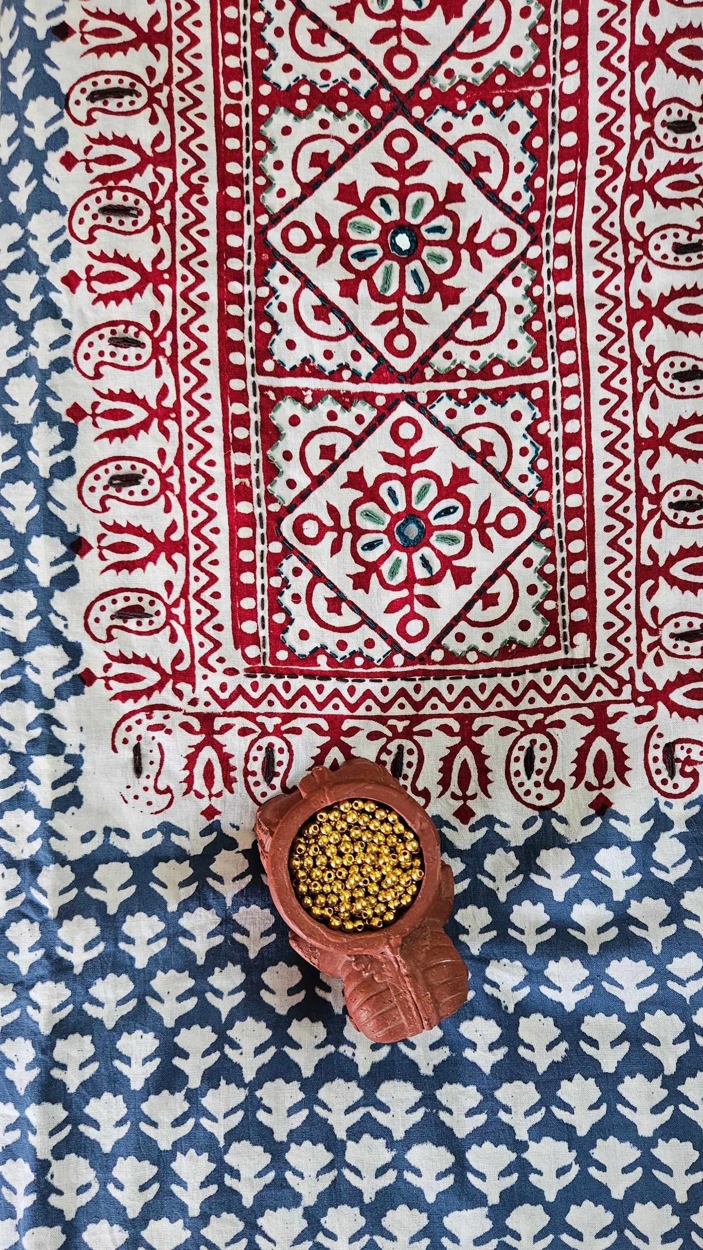 Red’n’Grey yoke embroidered Baroda print cotton suit