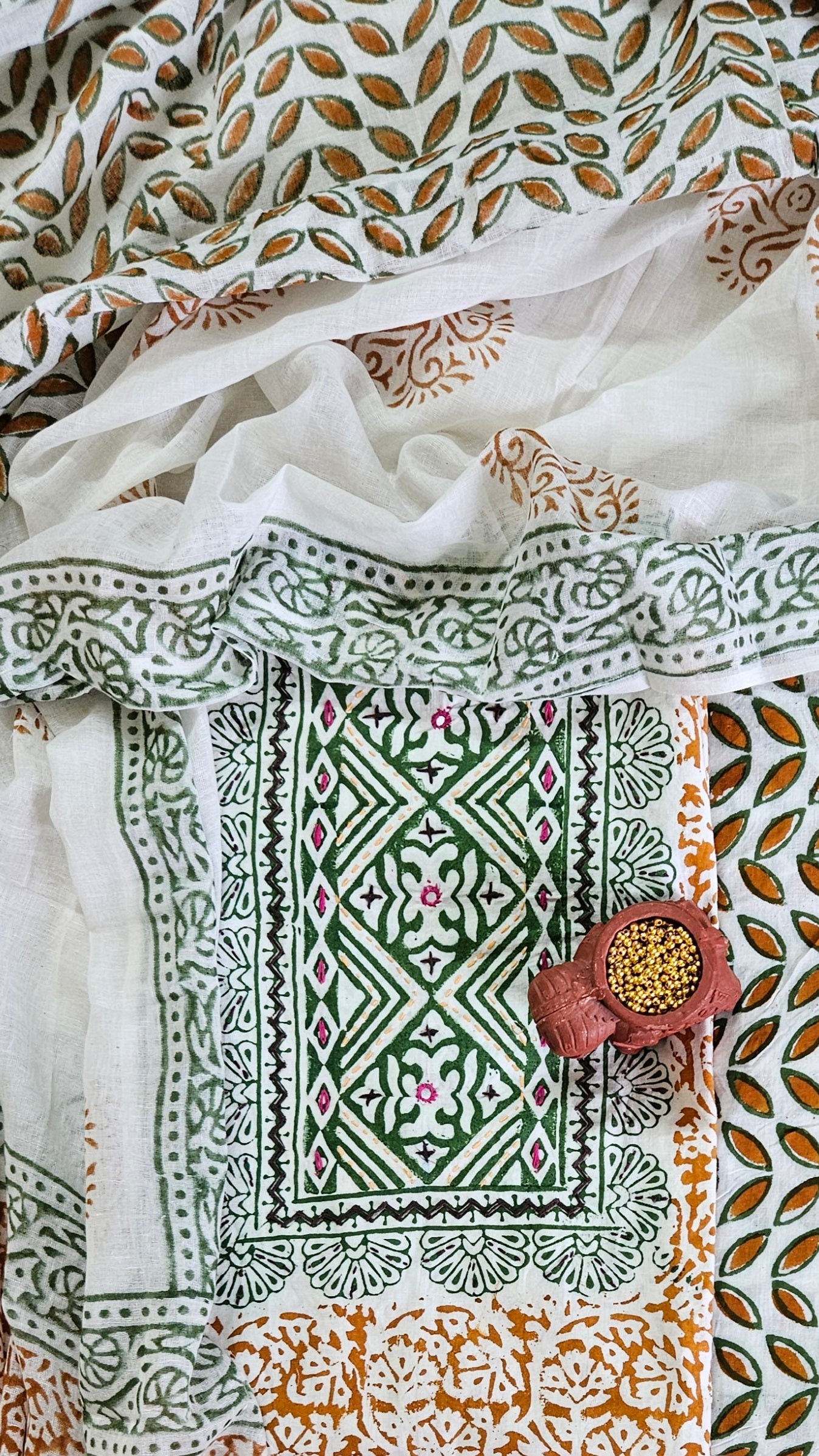 Green’n’mustard hand embroidered yoke Baroda print cotton suit