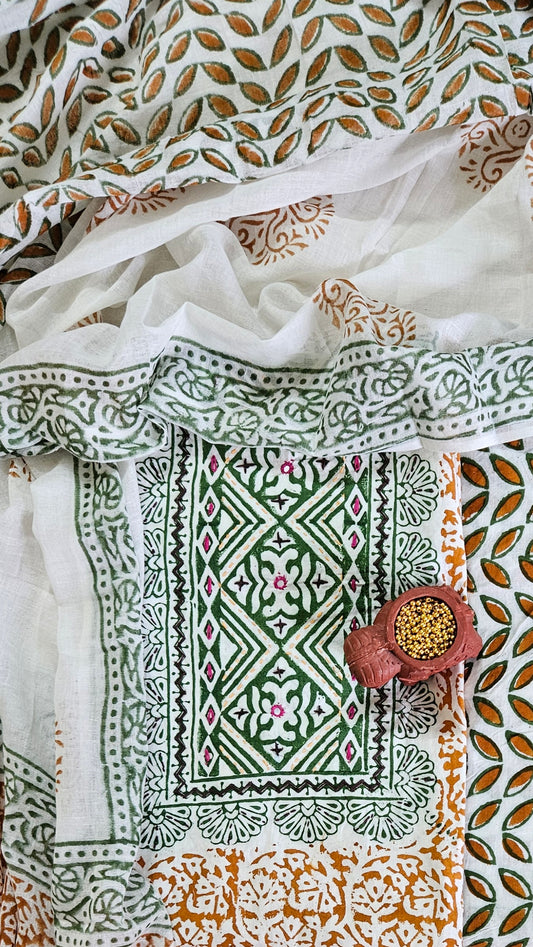 Green’n’mustard hand embroidered yoke Baroda print cotton suit