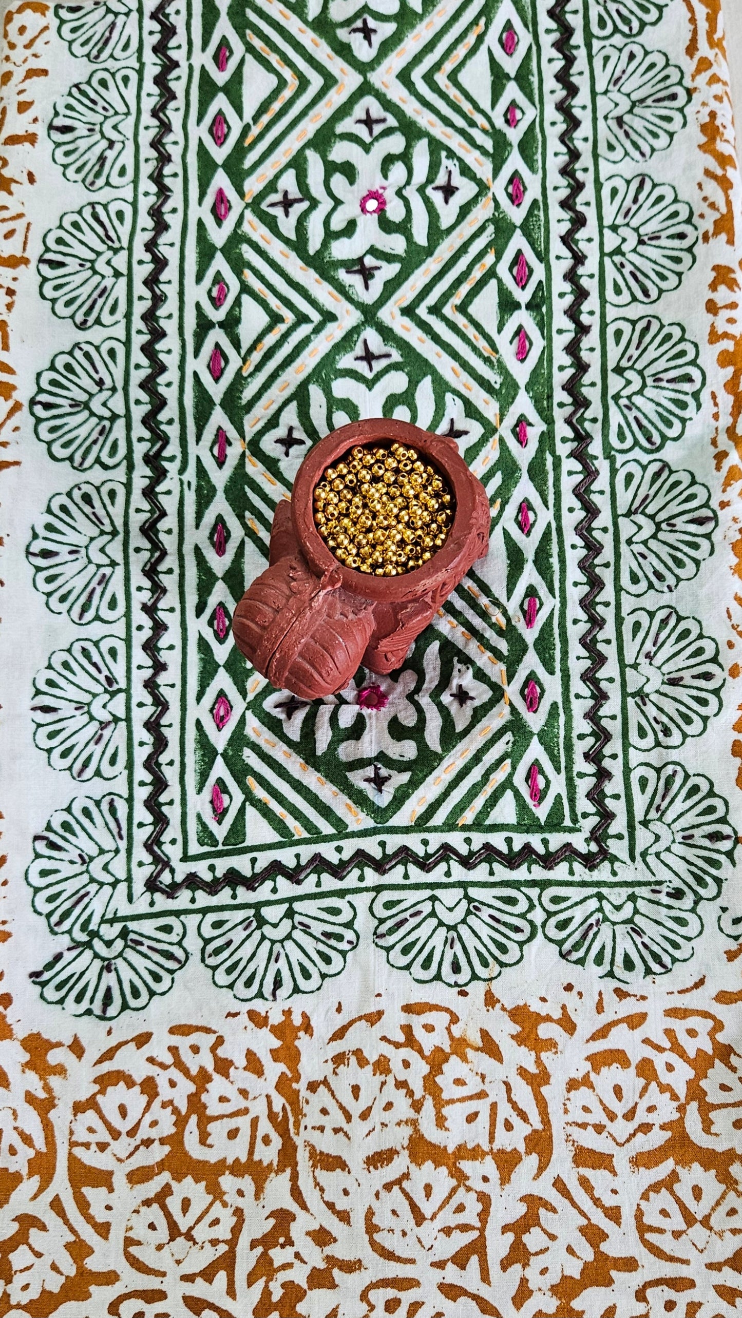 Green’n’mustard hand embroidered yoke Baroda print cotton suit