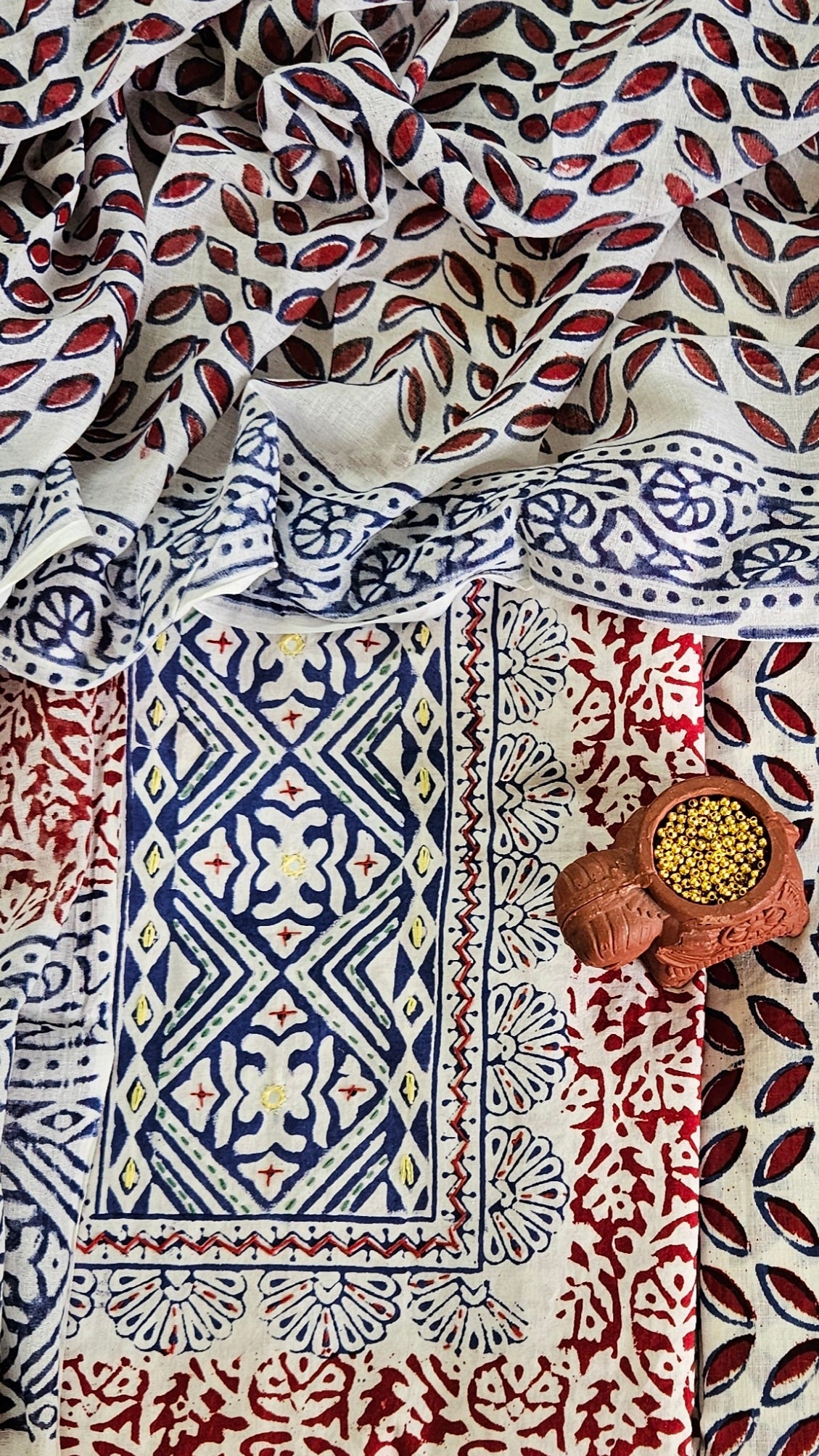 Blue’n’red hand embroidered yoke Baroda print cotton suit