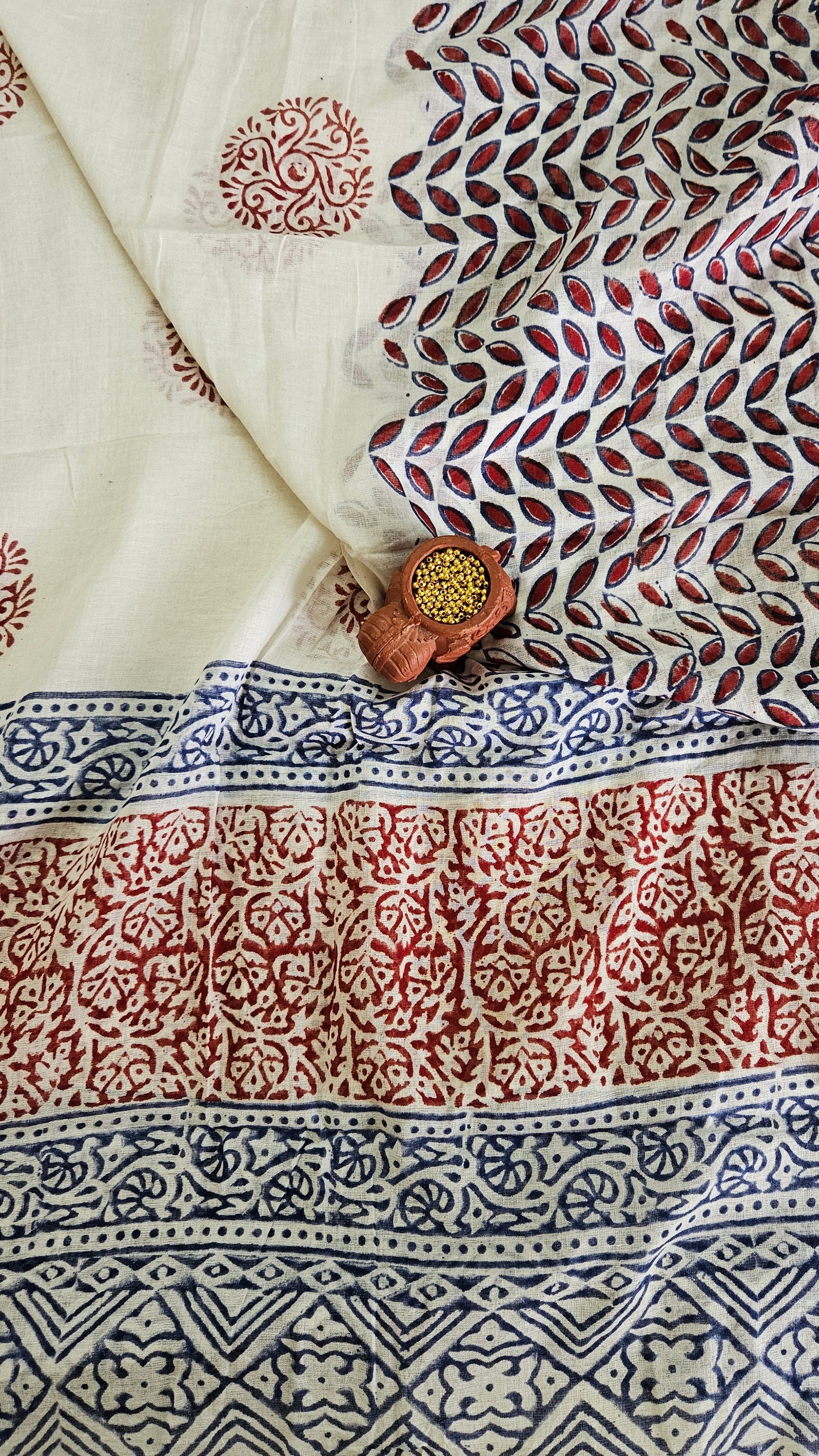 Blue’n’red hand embroidered yoke Baroda print cotton suit