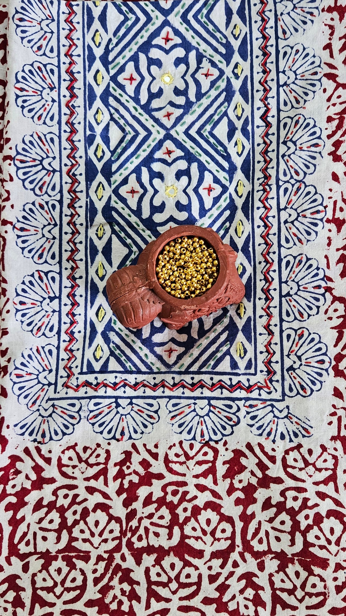 Blue’n’red hand embroidered yoke Baroda print cotton suit