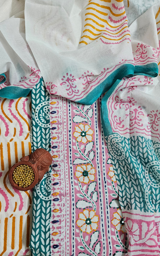Pink’n’green hand embroidered yoke Baroda print cotton suit