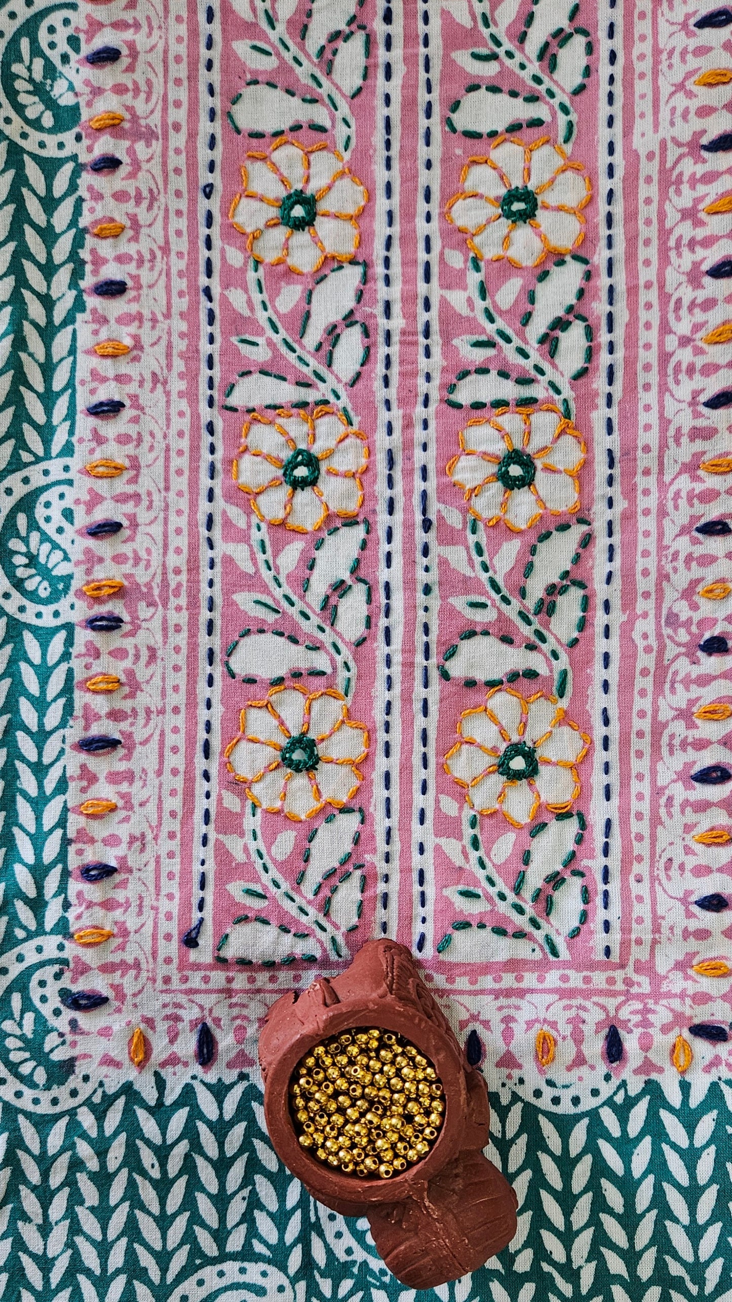 Pink’n’green hand embroidered yoke Baroda print cotton suit