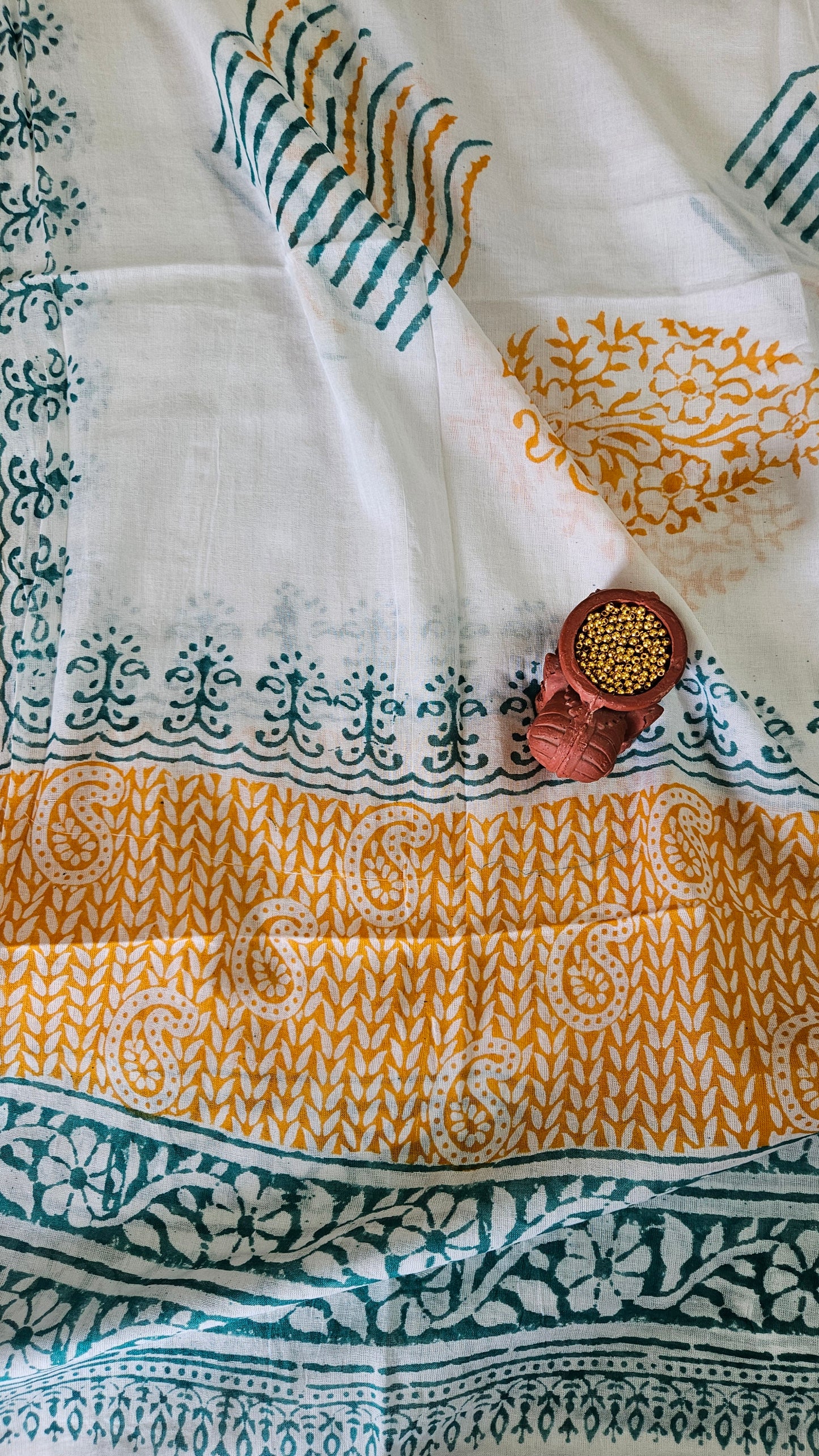 Green’n’mustard hand embroidered yoke Baroda print cotton suit