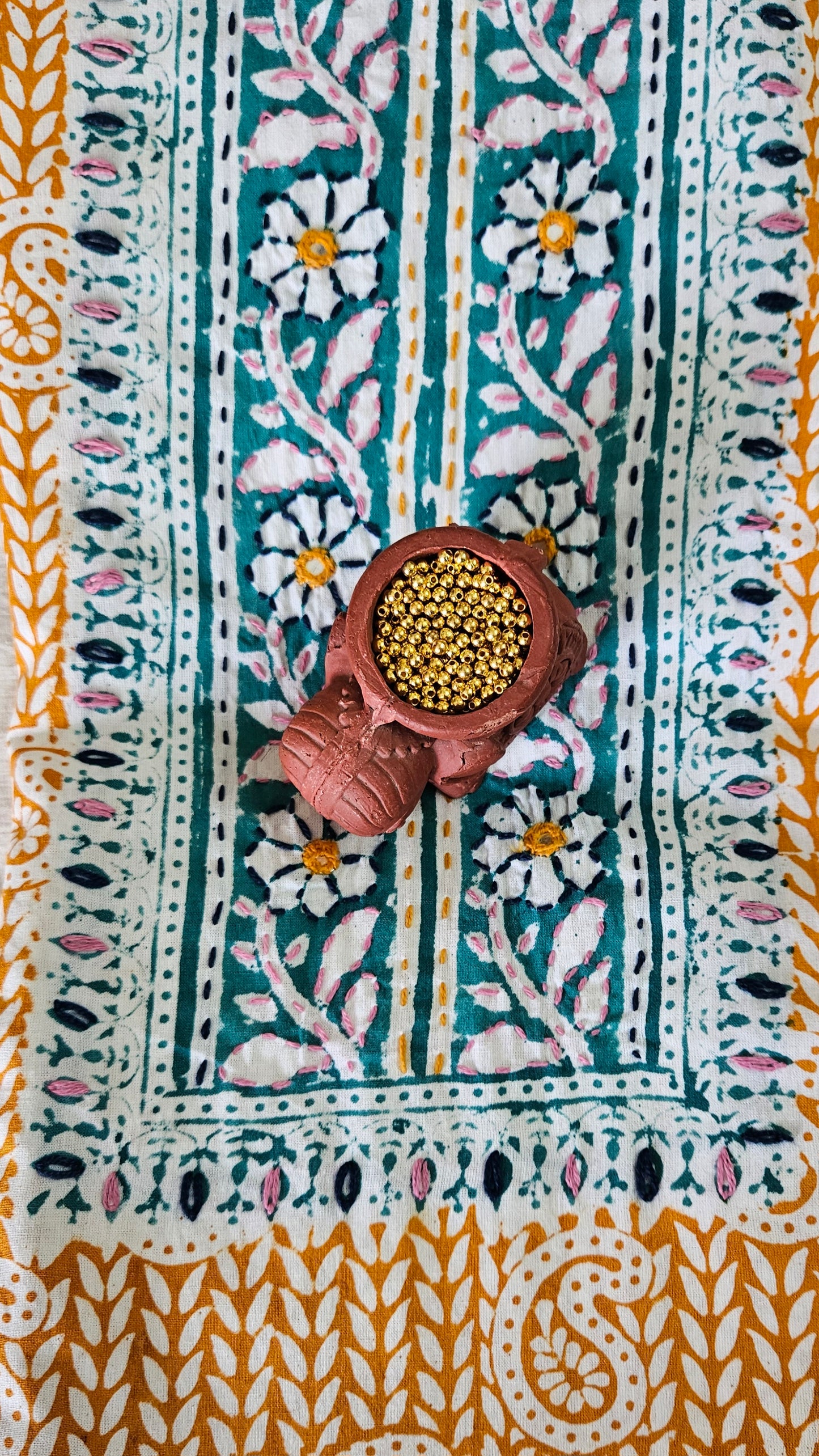 Green’n’mustard hand embroidered yoke Baroda print cotton suit