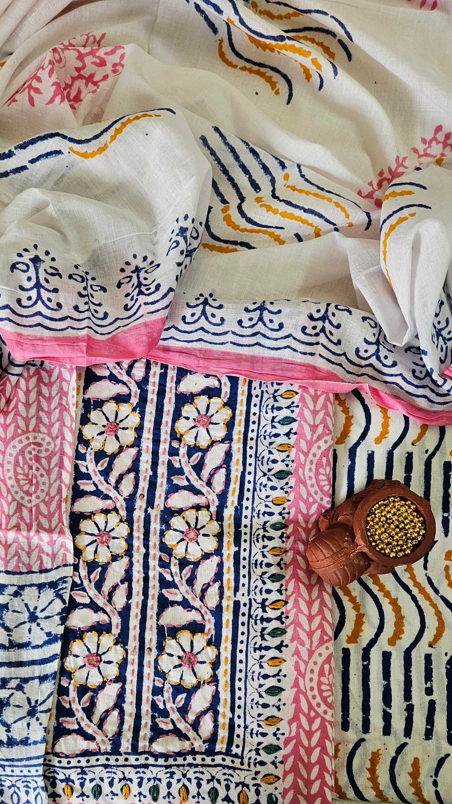 Blue’n’pink yoke embroidered Baroda print cotton suit