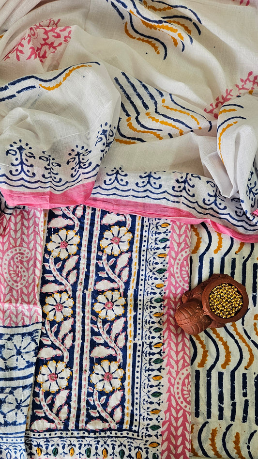 Blue’n’pink yoke embroidered Baroda print cotton suit