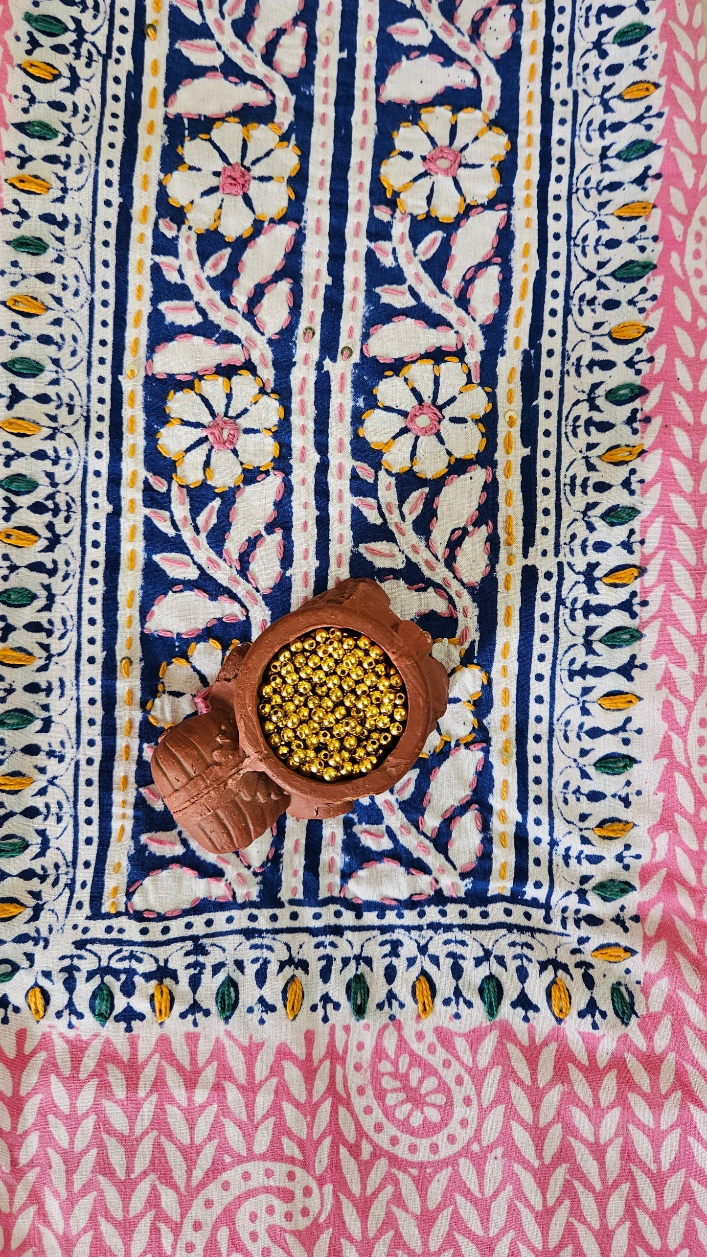 Blue’n’pink yoke embroidered Baroda print cotton suit