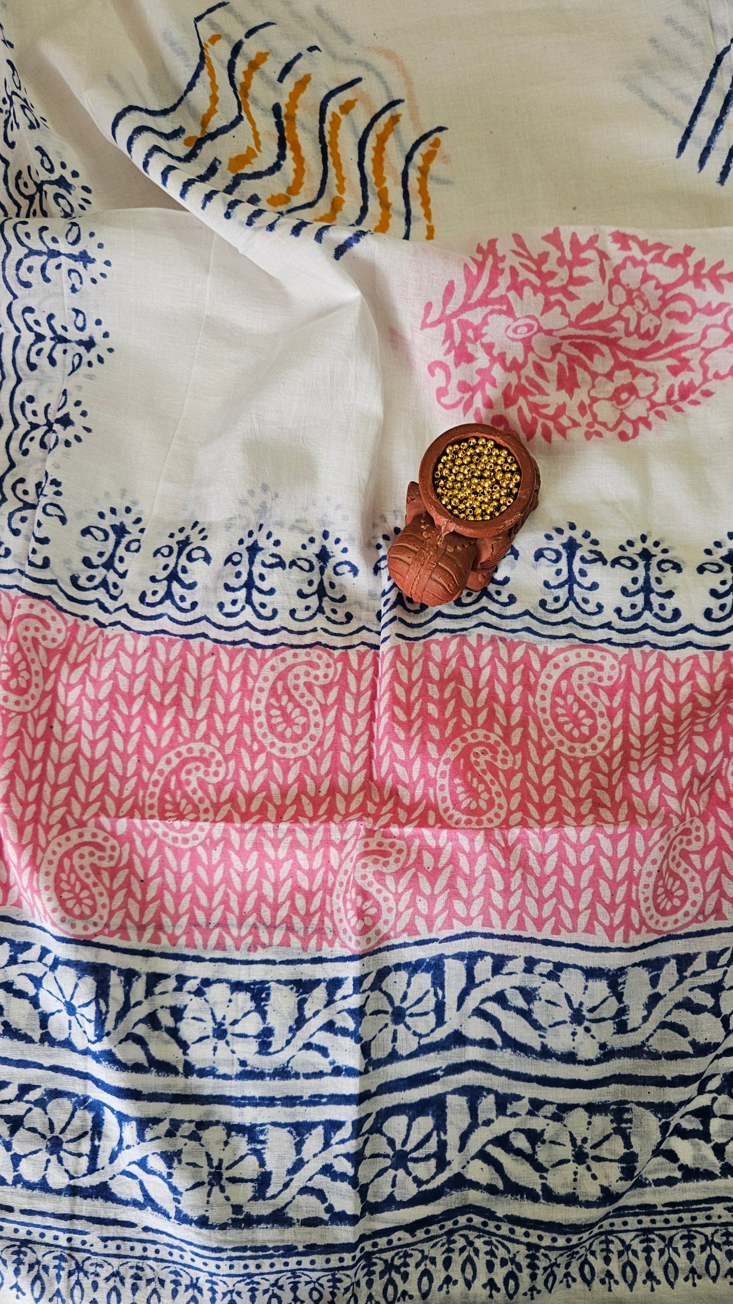 Blue’n’pink yoke embroidered Baroda print cotton suit