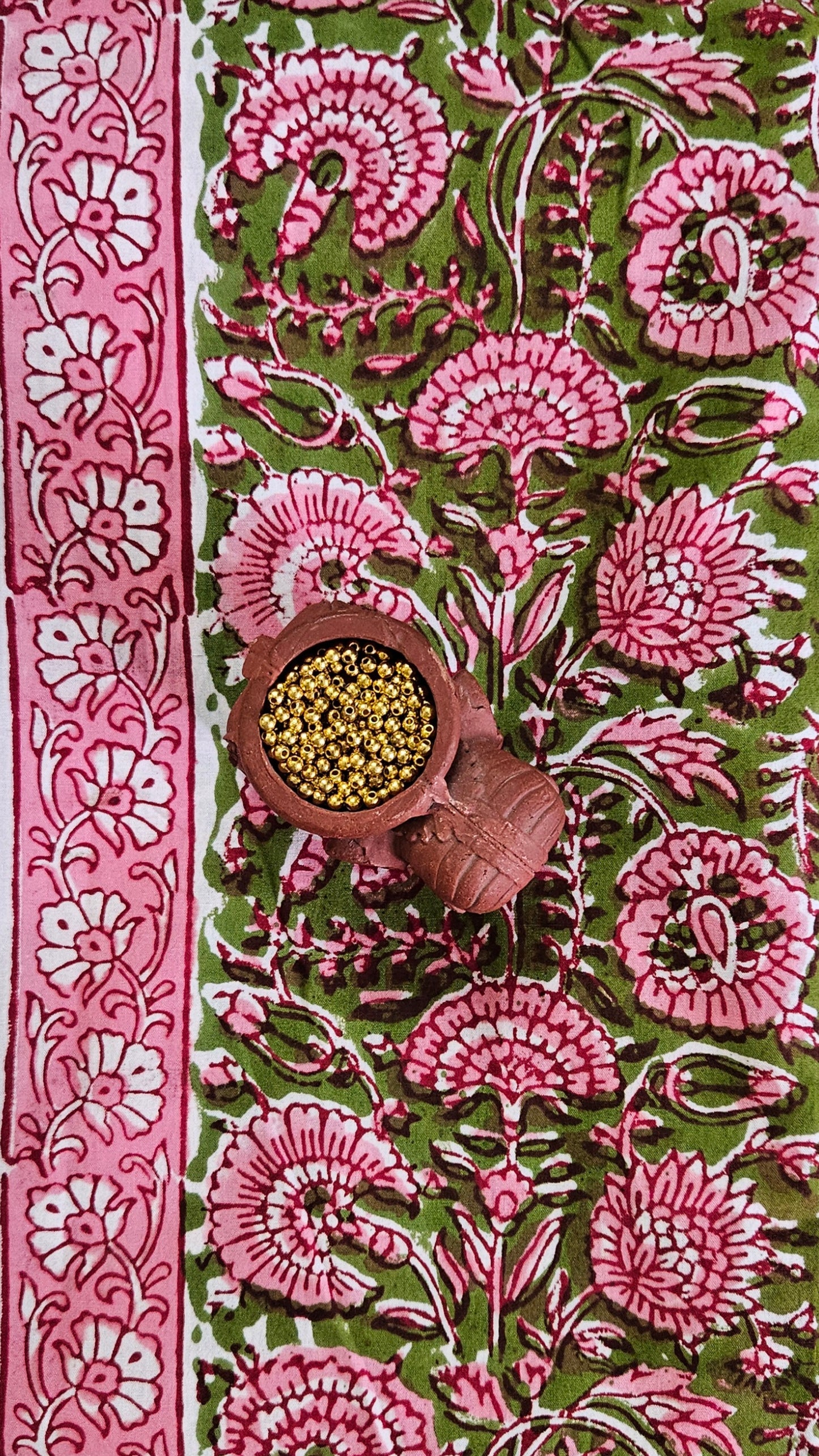 Mehndi green’n’pink Baroda print cotton suit