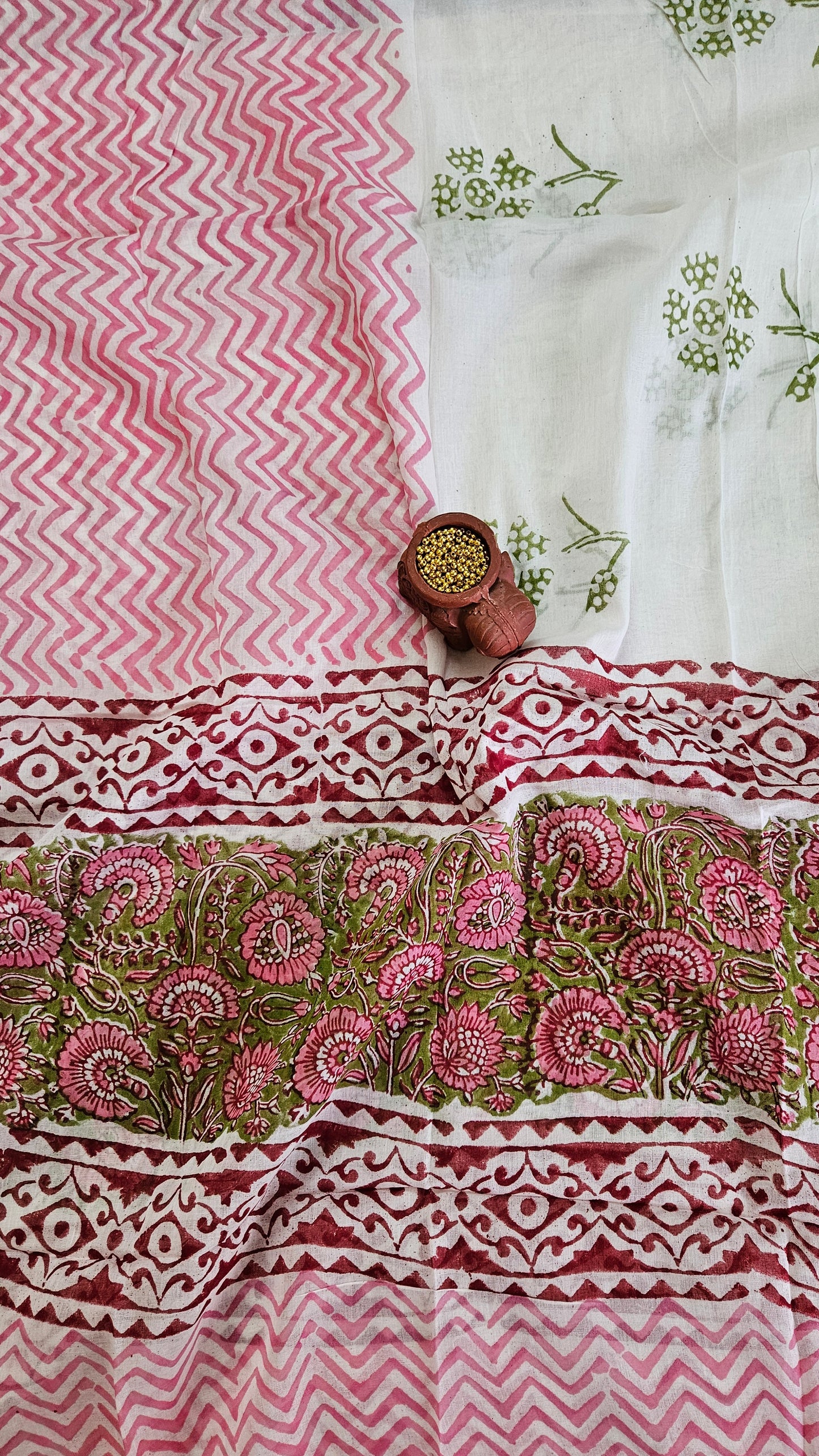 Mehndi green’n’pink Baroda print cotton suit