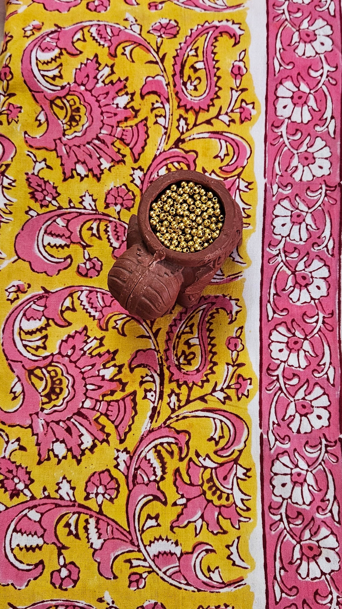 Yellow’n’pink Baroda print cotton suit
