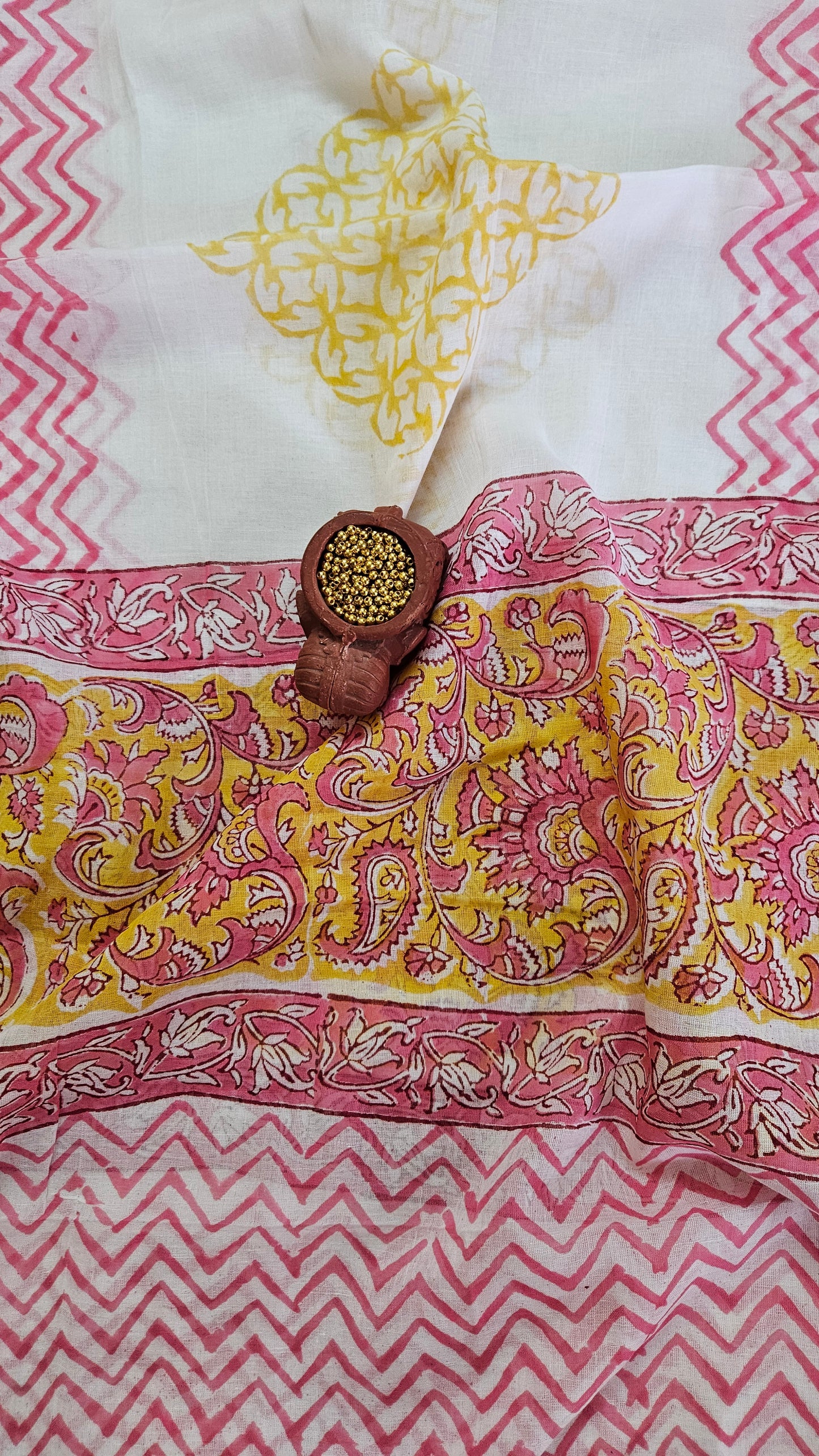 Yellow’n’pink Baroda print cotton suit