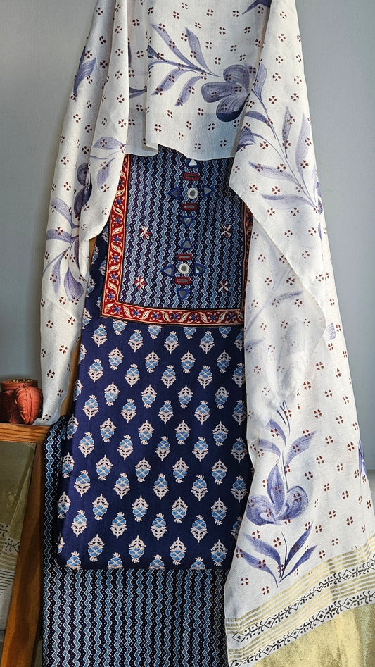 Indigo neck yoke gamthi print cotton suit
