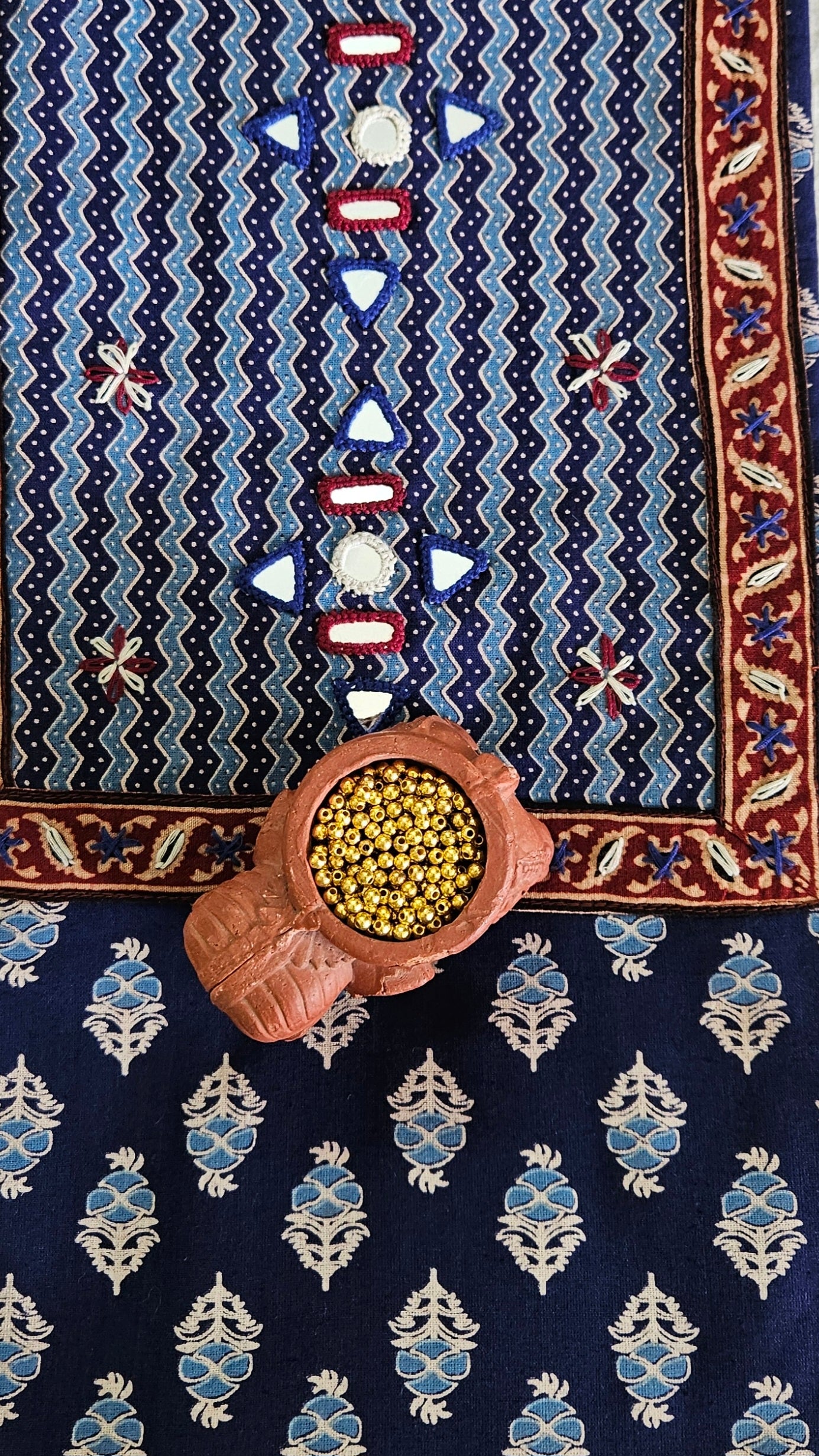 Indigo neck yoke gamthi print cotton suit