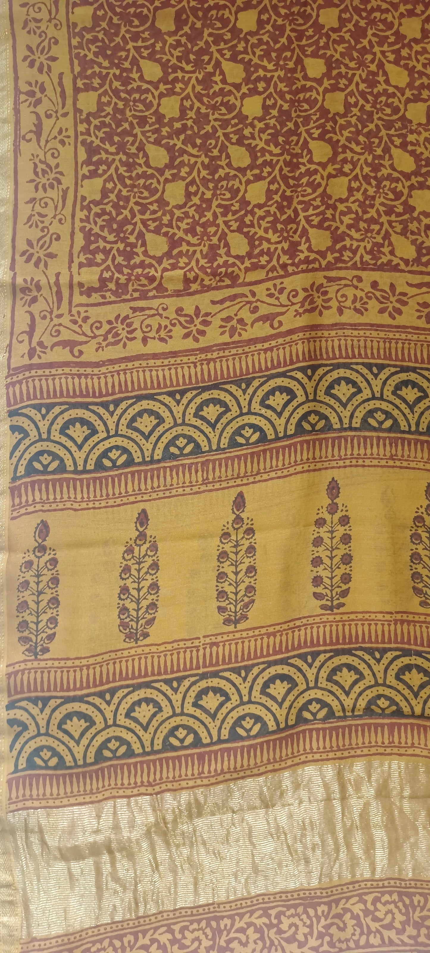 Mustard red'n'black Maheshwari  bagh print suit.