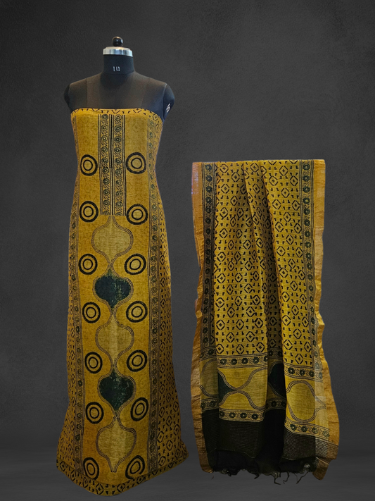 Mustard yellow linen silk suit with ajrakh print
