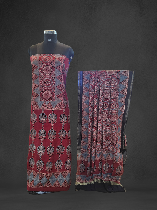 Red blue'n'black ajrakh print Chanderi suit