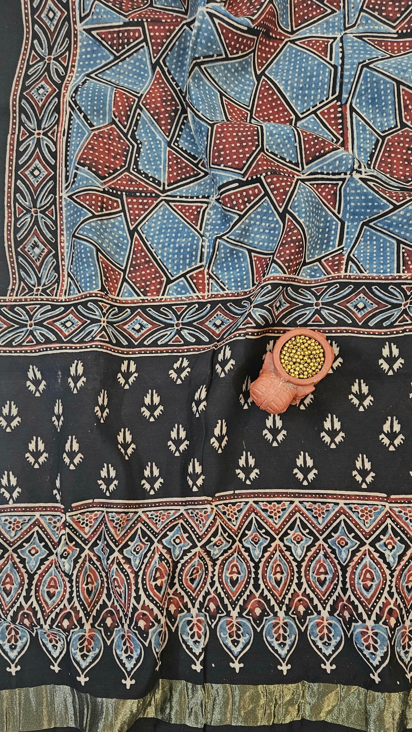 Black blue'n'maroon ajrakh print Chanderi silk cotton suit