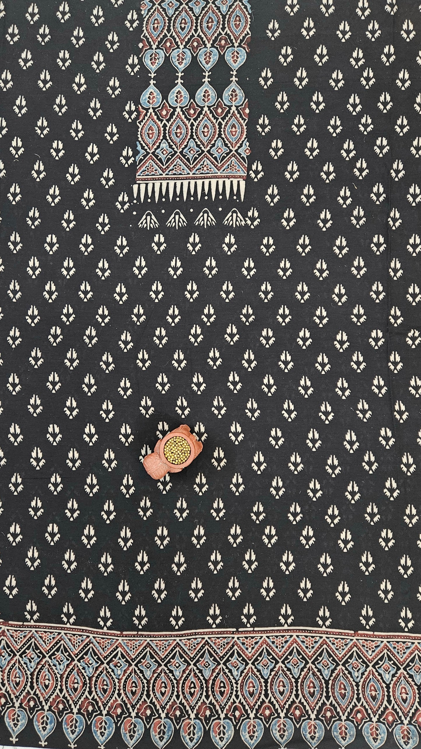 Black blue'n'maroon ajrakh print Chanderi silk cotton suit